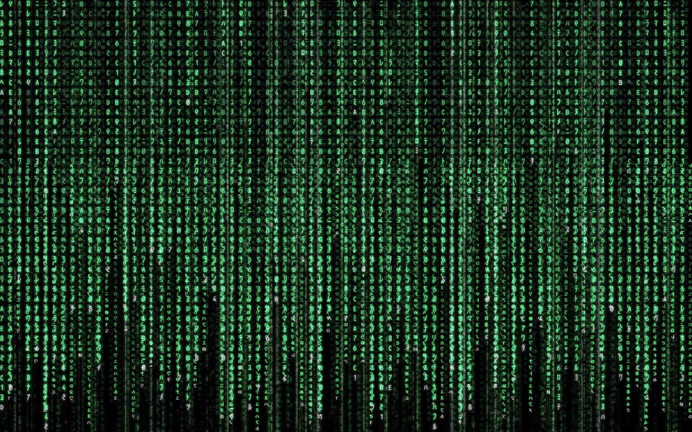 黑客 桌布 壁紙 — 綠色數位代碼流垂直傾瀉在黑色背景上，呈現 Matrix 風格的視覺效果。
