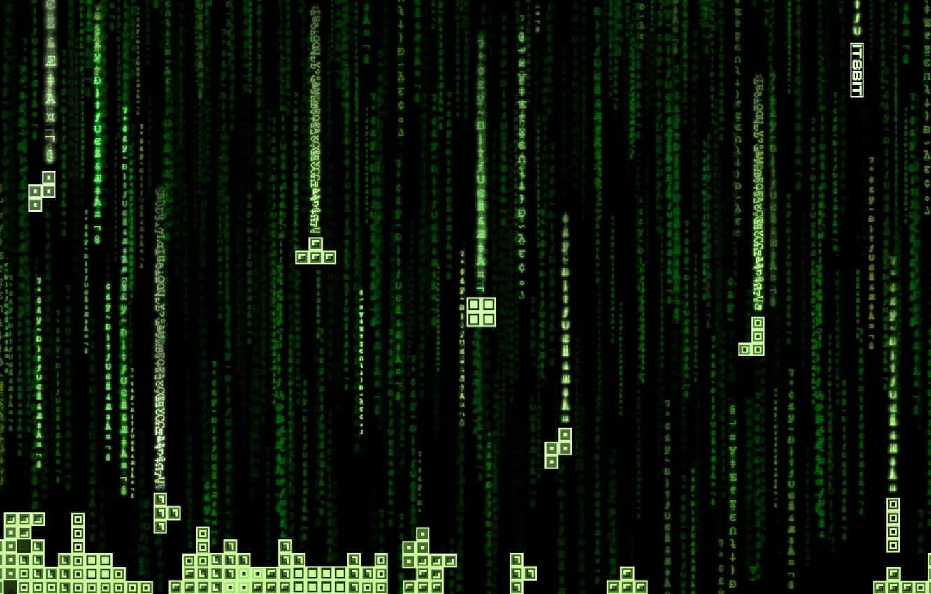 tetris 桌布 壁紙 — 綠色數位代碼流如瀑布般傾瀉入黑色虛空，下方漂浮著發光的方形元素。
