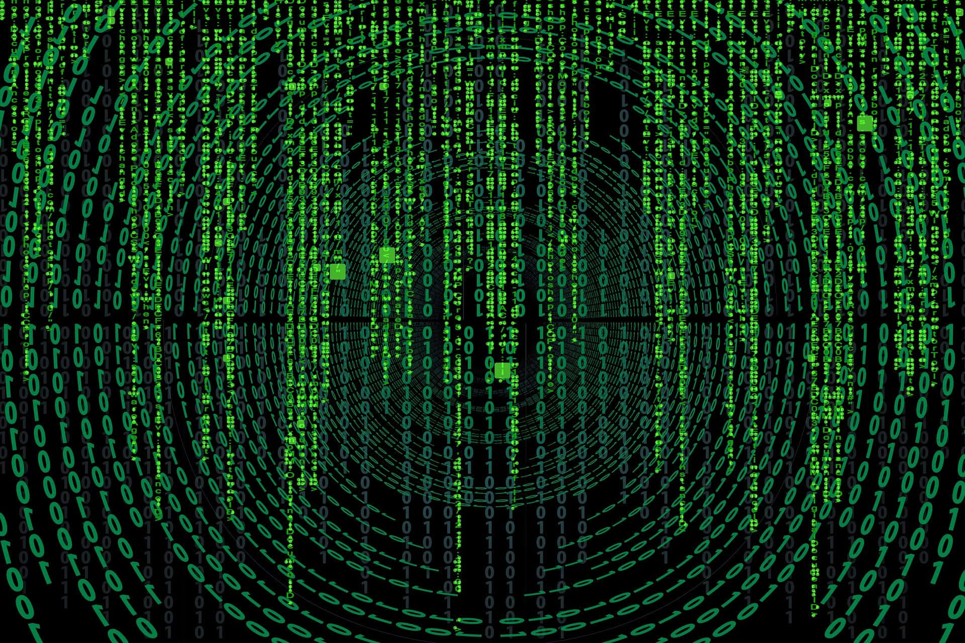 Virus 桌布 壁紙 — 綠色數位雨在黑色背景上以同心圓形式傾瀉而下，令人聯想到《駭客任務》。