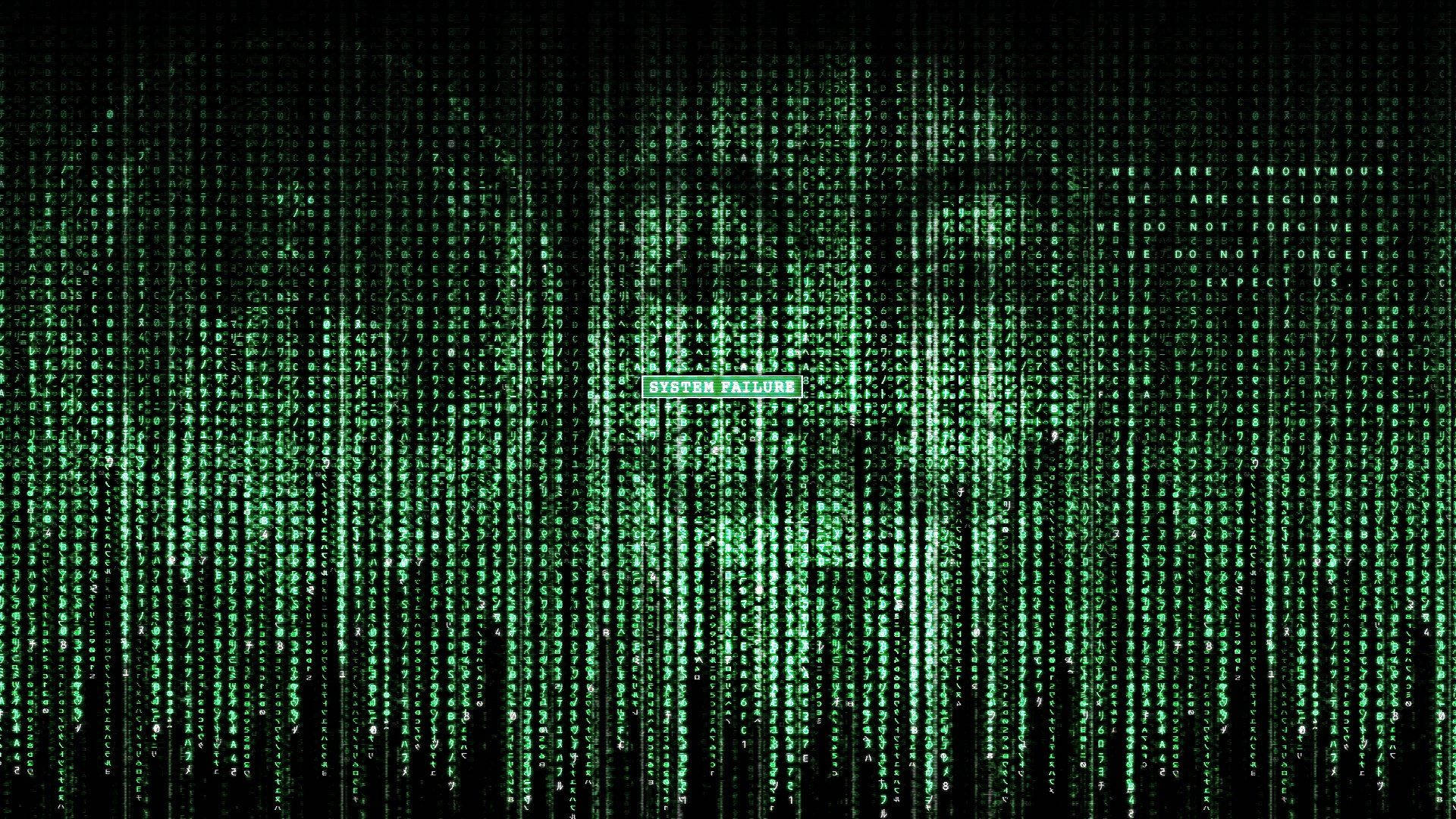 Hacker Full HD 桌布 壁紙 — 綠色數位雨在黑色背景上傾瀉於一個出現故障的系統失敗訊息之上。