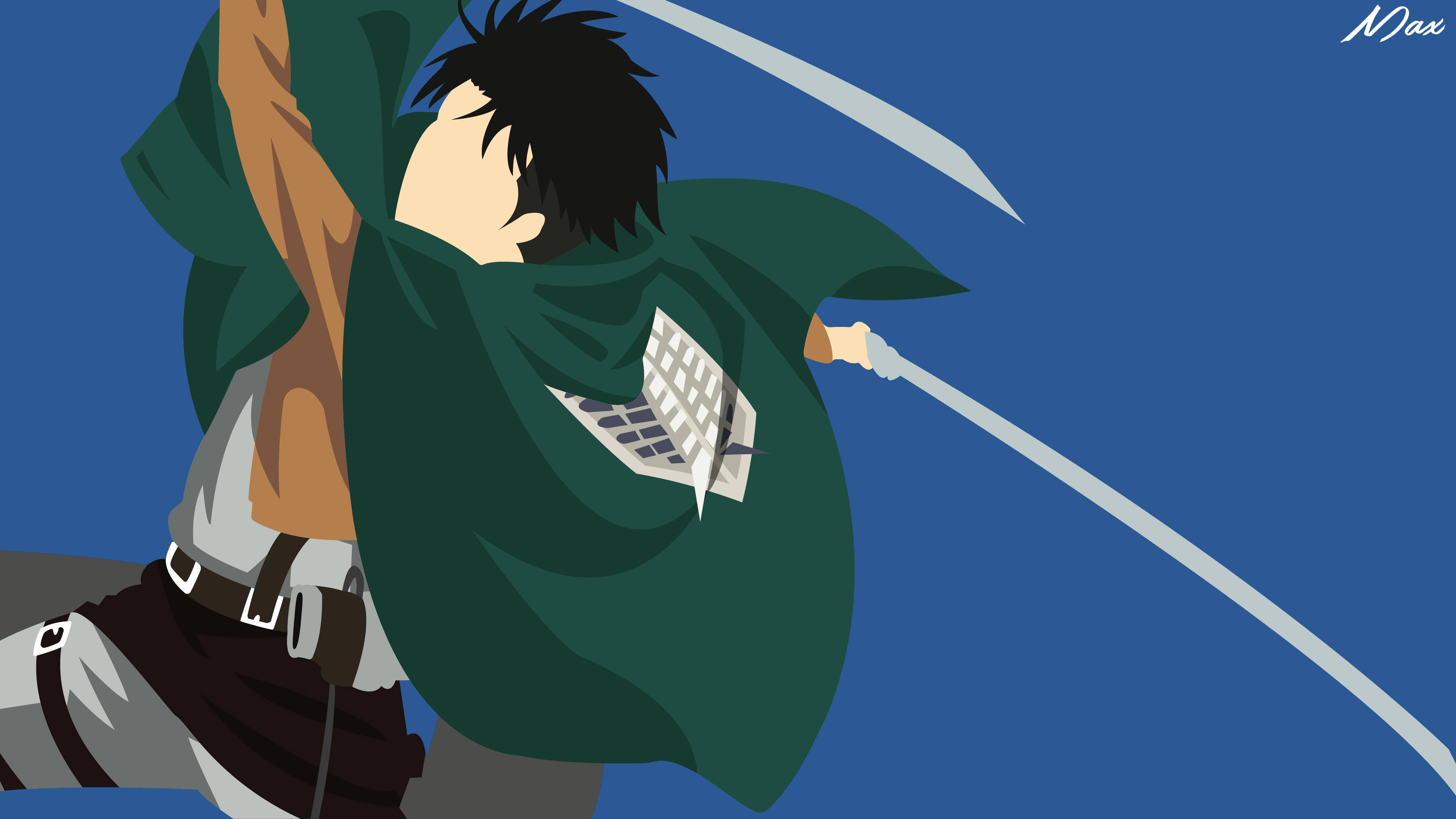 Levi 桌布 壁紙 — 綠色斗篷和劍斬的動漫角色，純藍色背景。