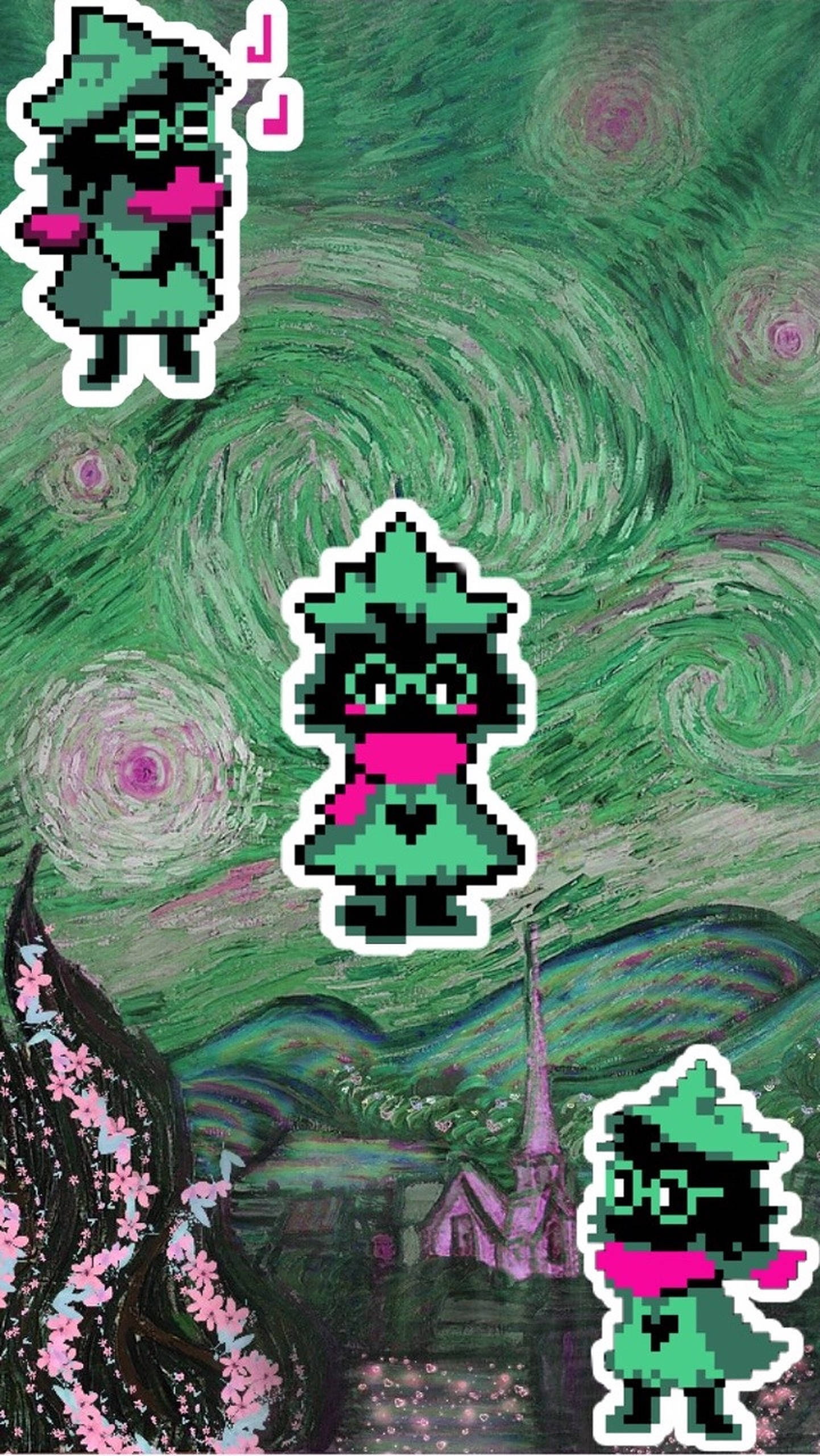 Ralsei 桌布 壁紙 — 綠色服裝的像素藝術角色漂浮在旋轉的綠色梵谷風格夜空前，下方有一個村莊。