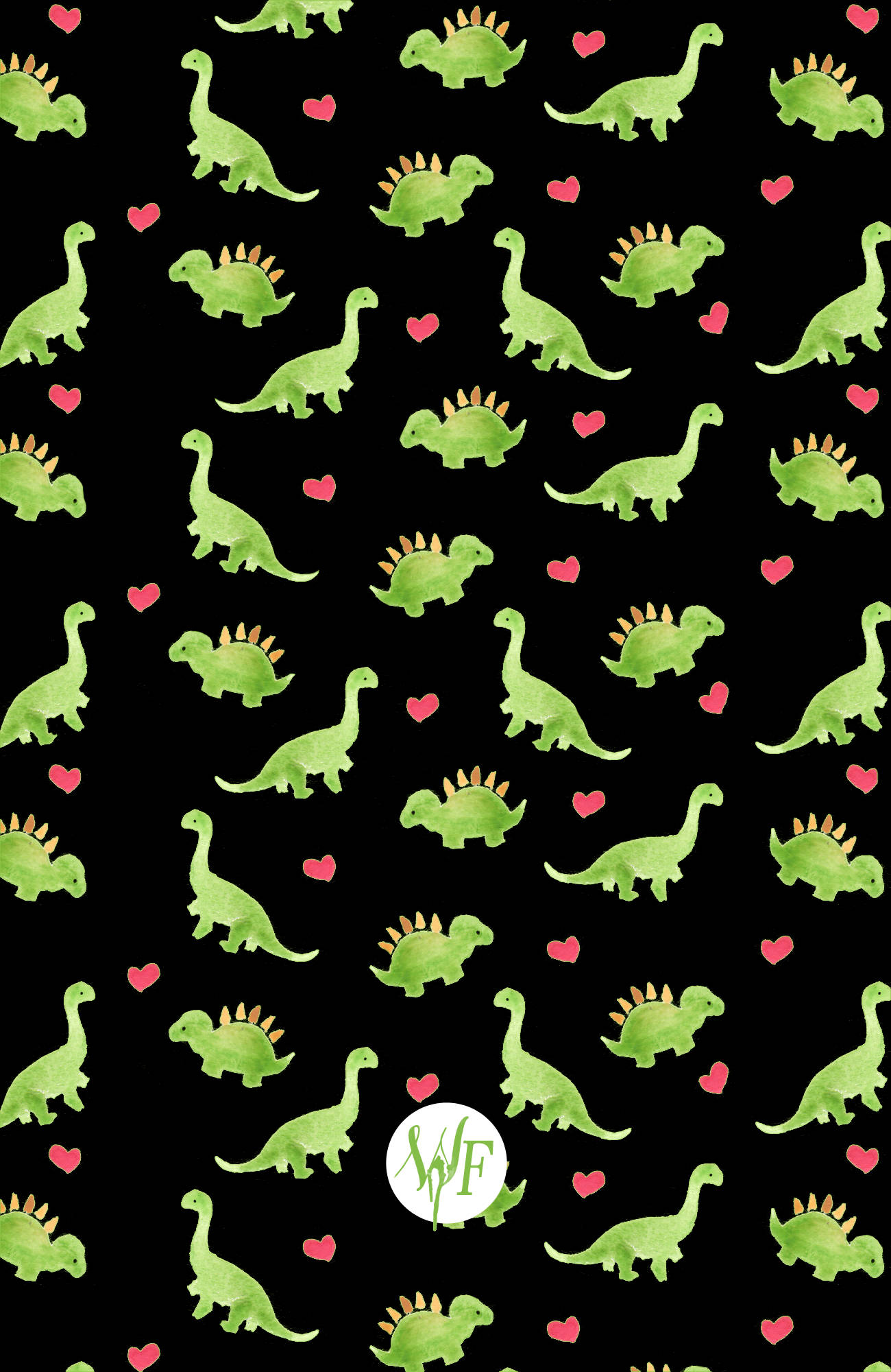 Cute Dinosaur Pattern 桌布 壁紙 — 綠色水彩恐龍和粉紅色心形在黑色背景上重複，形成一個俏皮的圖案。