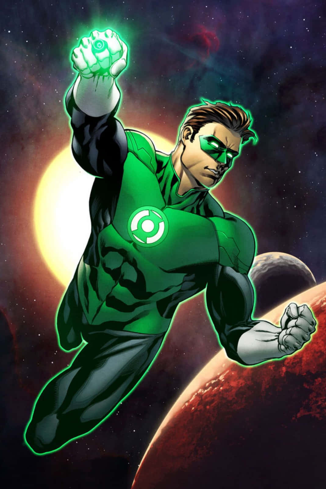 Green Lantern 桌布 壁紙 — 綠色燈籠超級英雄在星際和行星的宇宙背景下翱翔，舉起發光的綠色能量戒指。