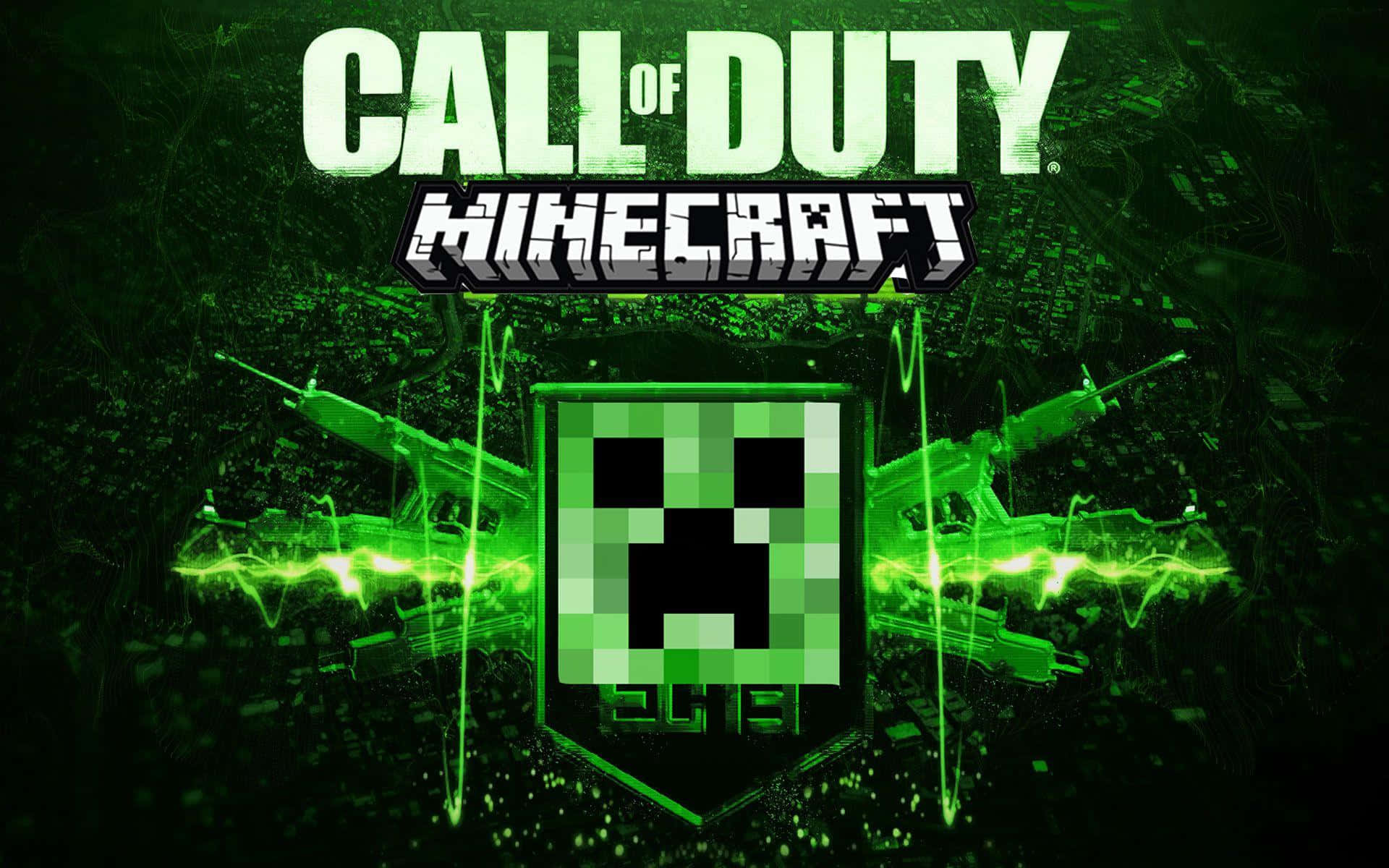 可愛 Minecraft 桌布 壁紙 — 綠色發光的Minecraft Creeper面孔，兩側有步槍和心跳線條，背景為深色像素化。