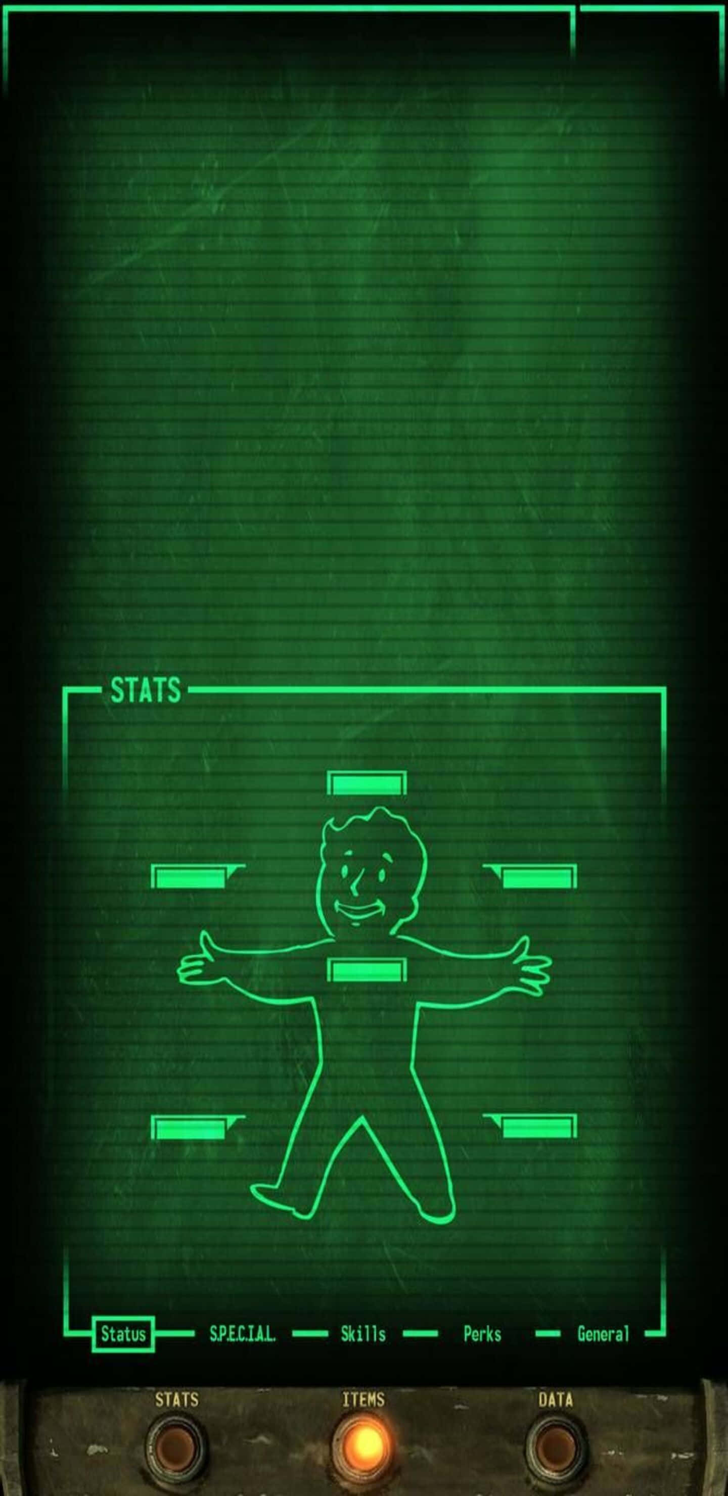 Pixel 3xl Fallout 76 桌布 壁紙 — 綠色發光的Pip-Boy介面在刮花的螢幕上顯示一個愉快的輻射符號，並帶有統計標籤。