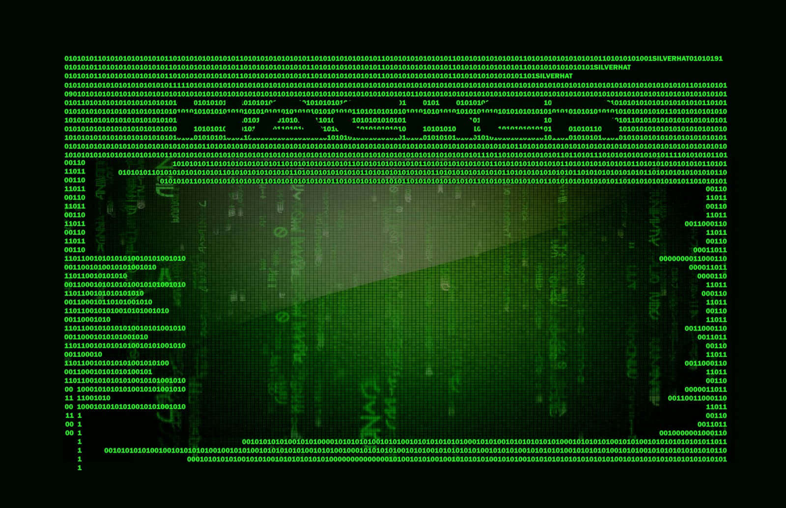Hacking 桌布 壁紙 — 綠色發光的二進制代碼流在黑暗的數位網格上傾瀉而下，背景中隱約可見未來主義的城市輪廓。