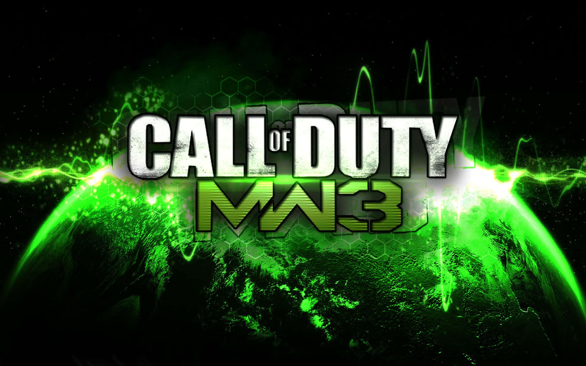 標誌 桌布 壁紙 — 綠色發光的地球，帶有《Call of Duty MW3》標題，背景為黑暗星空和電能效果。