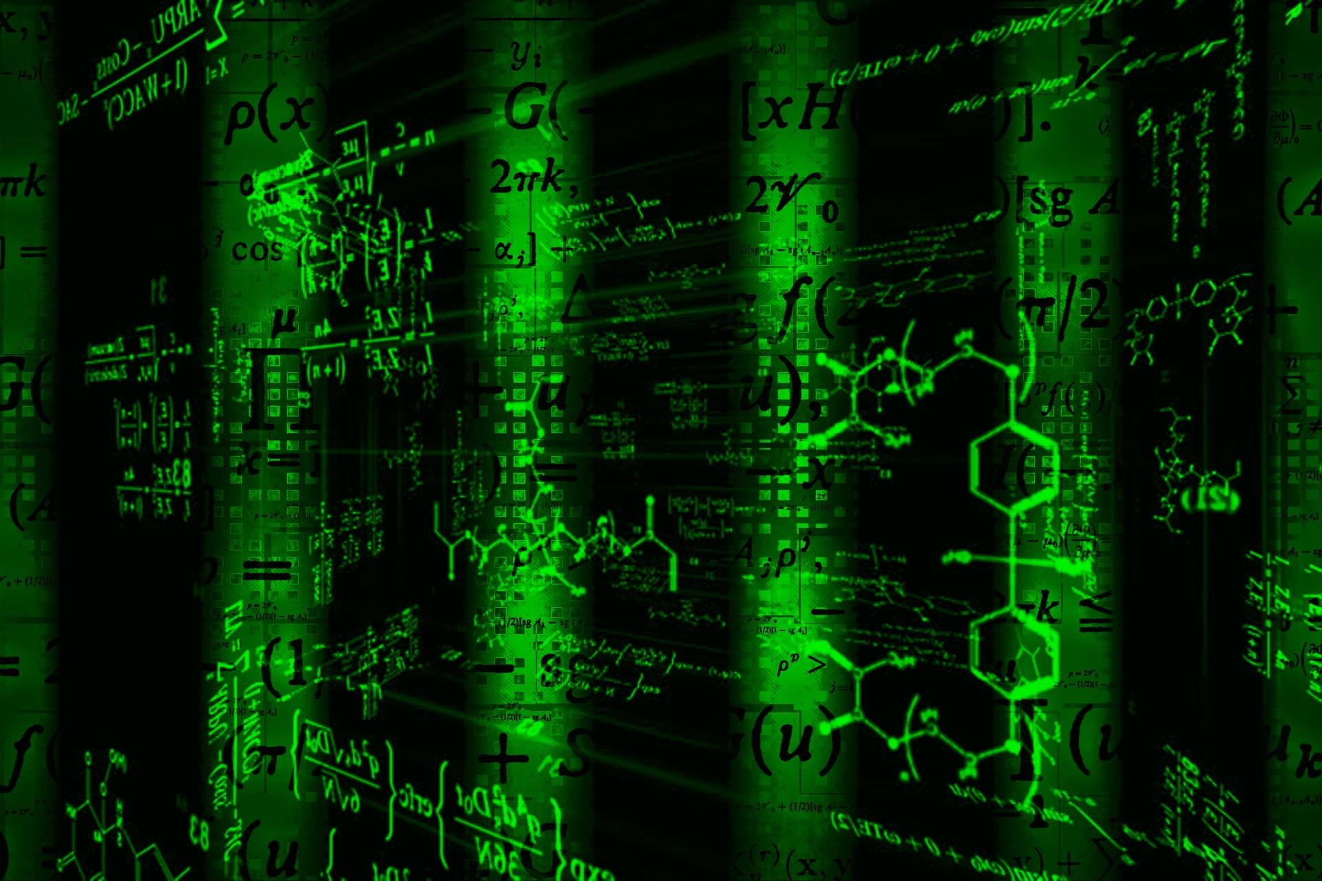Physics 桌布 壁紙 — 綠色發光的數學方程式和化學公式在黑暗背景的數位空間中漂浮。