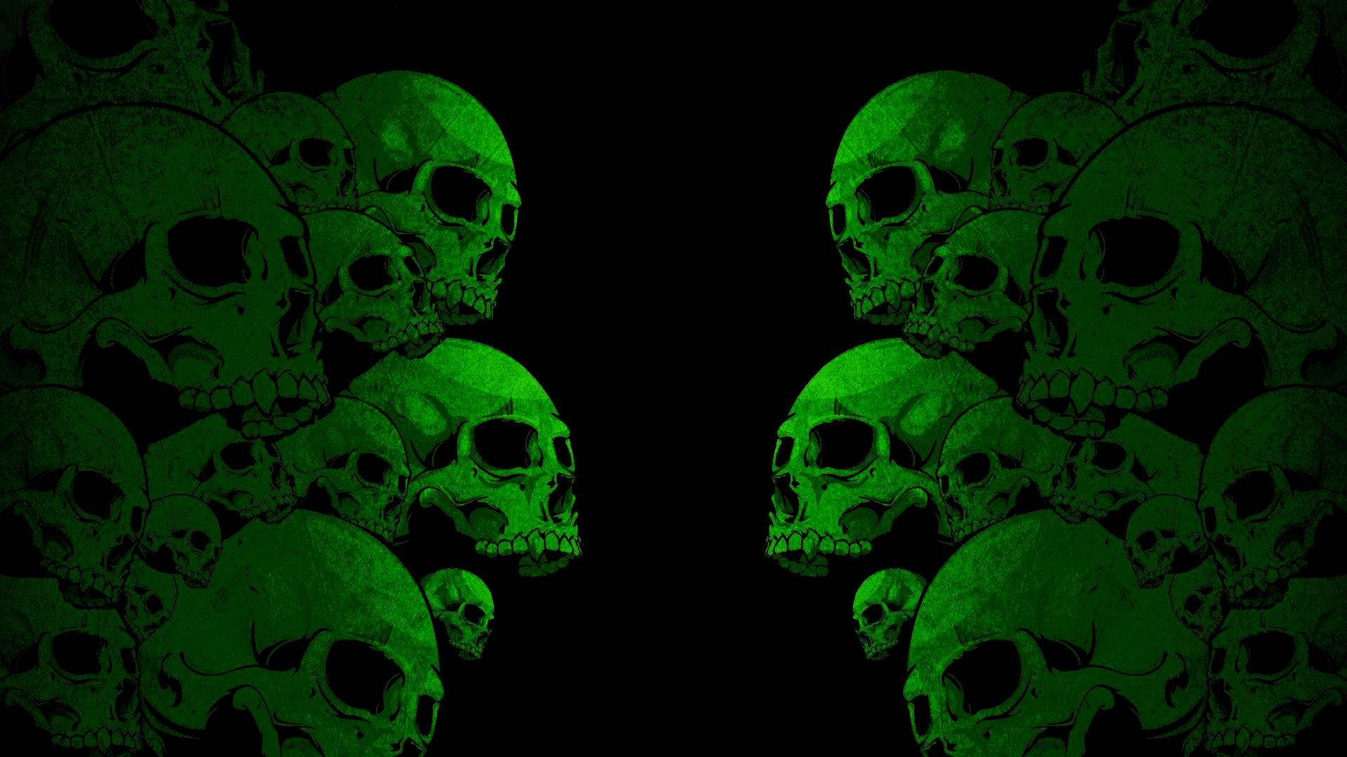 HD Skull 桌布 壁紙 — 綠色發光骷髏頭聚集在黑色虛空中，營造出令人難忘的數位恐怖美學。
