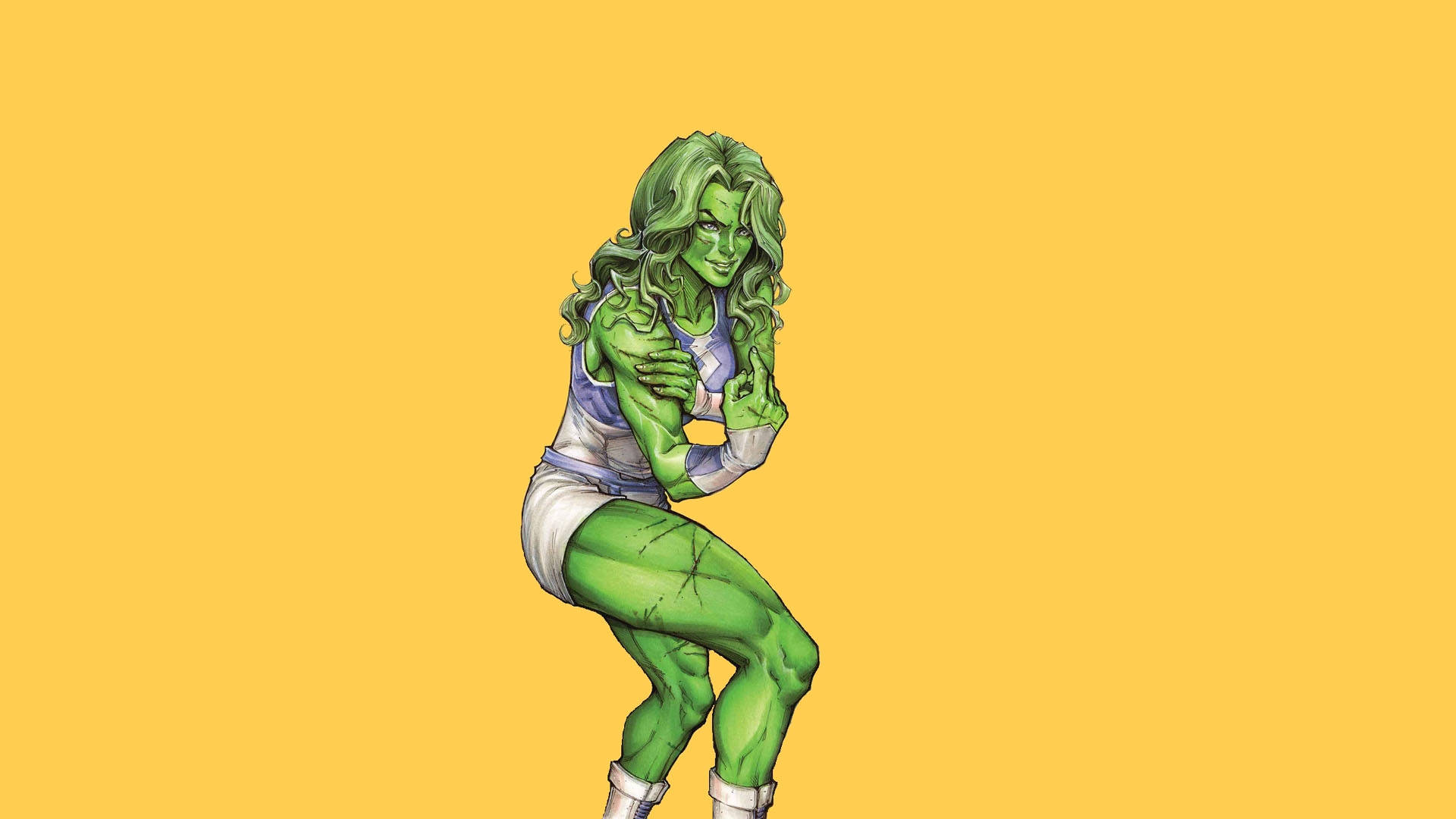 she 桌布 壁紙 — 綠色皮膚的She-Hulk穿著白色服裝，在純黃色背景前自信地擺姿勢。