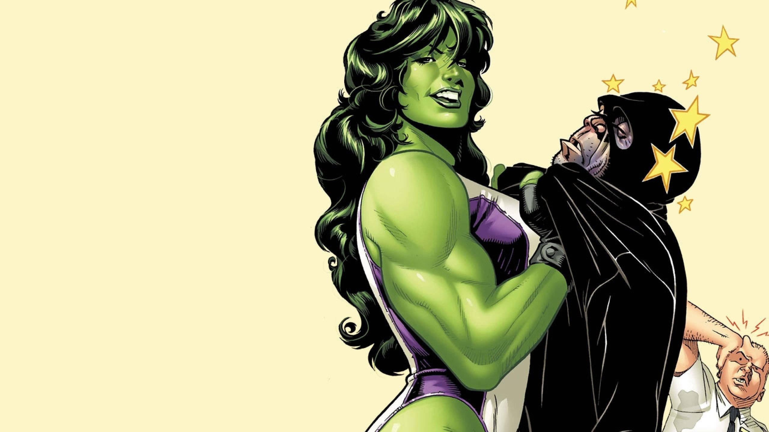 she 桌布 壁紙 — 綠色皮膚的女超級英雄She-Hulk掐住一個蒙面惡棍的喉嚨舉起，星星在他頭頂爆開。