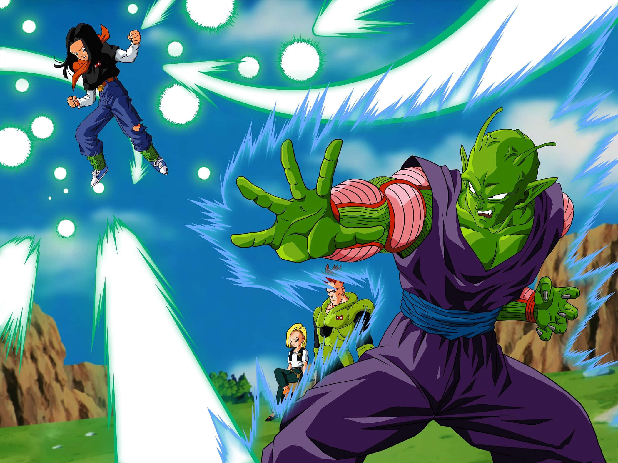 Dbz 桌布 壁紙 — 綠色皮膚的戰士釋放能量爆炸，漂浮的戰士們在岩石地形和發光效果中戰鬥。