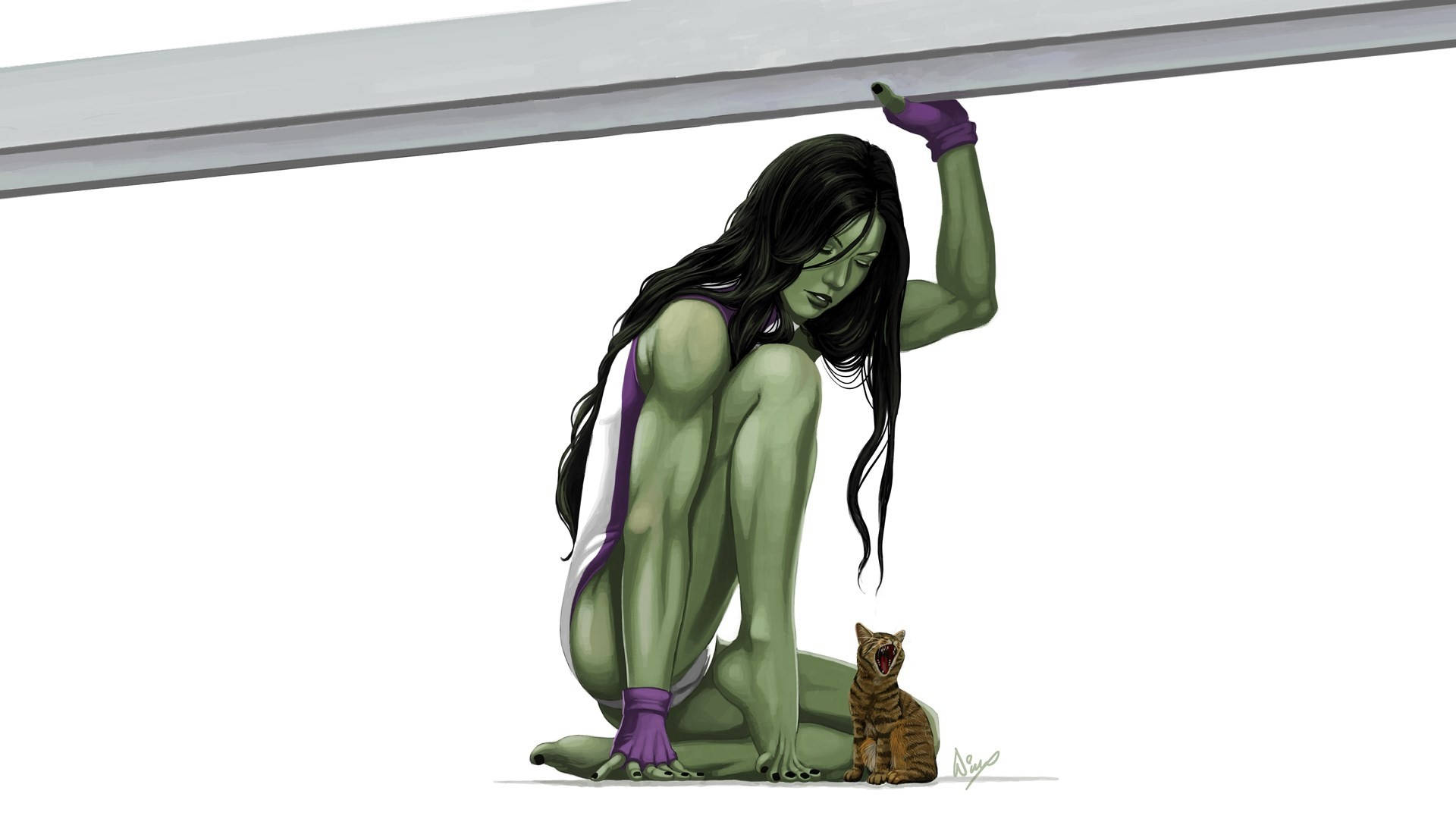 she 桌布 壁紙 — 綠色皮膚的超級女英雄跪在一隻咆哮的虎斑貓旁邊，下方是金屬橫樑，背景為純白色。