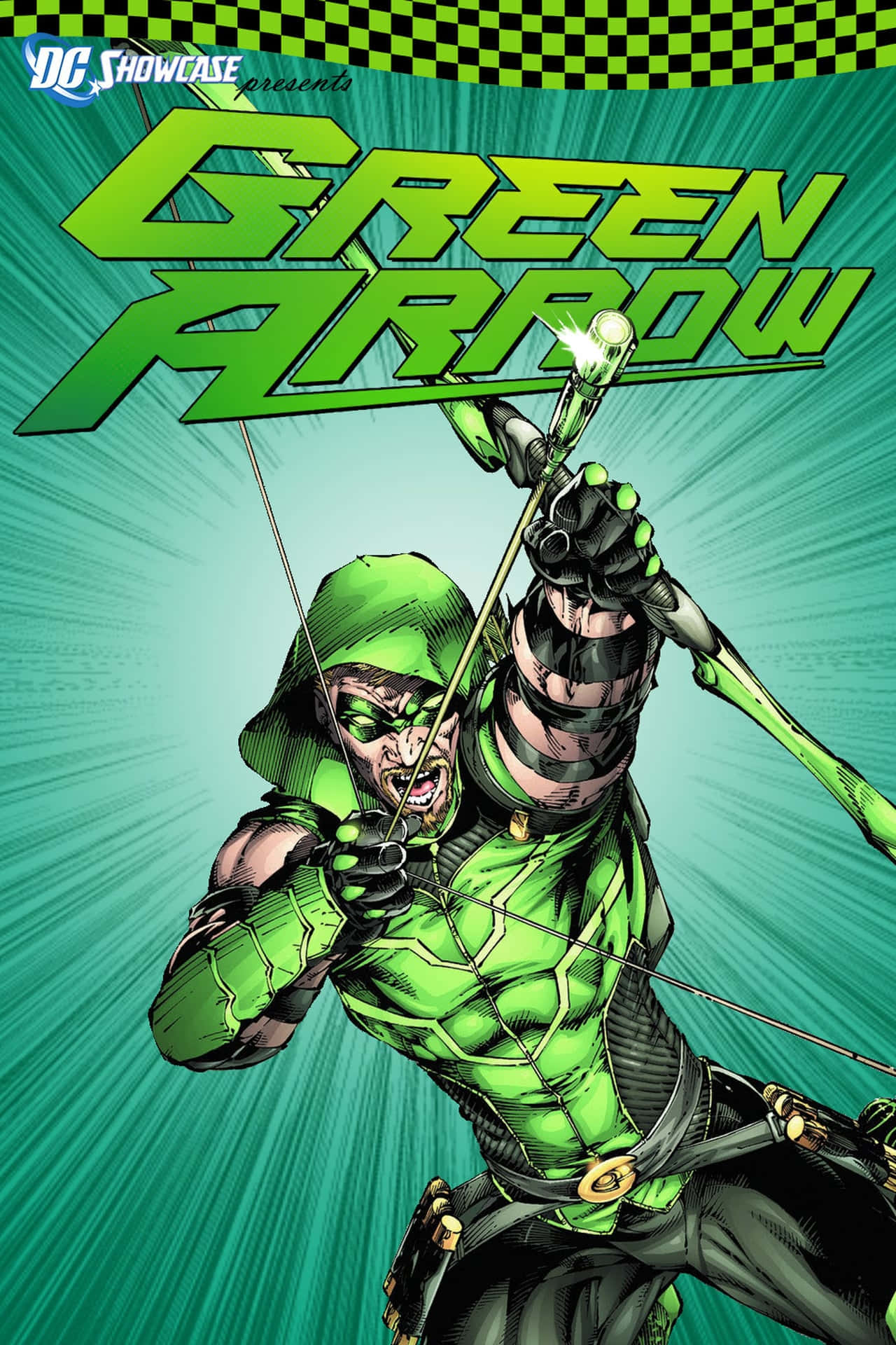 Green Arrow 桌布 壁紙 — 綠色箭頭穿著綠色連帽套裝，拉弓弦，發光的箭頭對著青綠色放射背景。