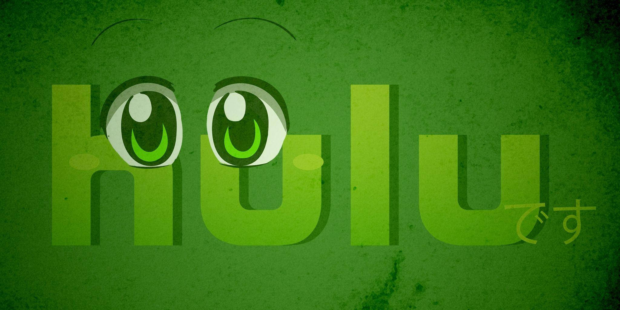 葫蘆 桌布 壁紙 — 綠色紋理背景，帶有卡通眼睛和日文字樣的 Hulu 標誌。