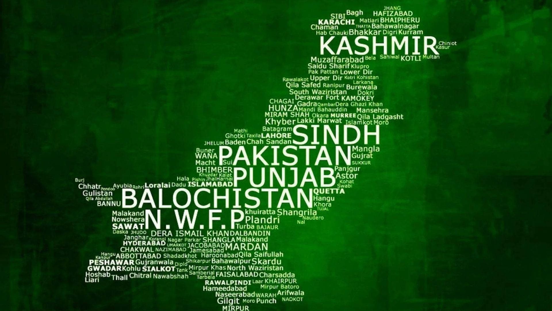 Pakistan 桌布 壁紙 — 綠色紋理背景上有一個形狀像巴基斯坦的文字雲，以白色文字顯示城市和省名。