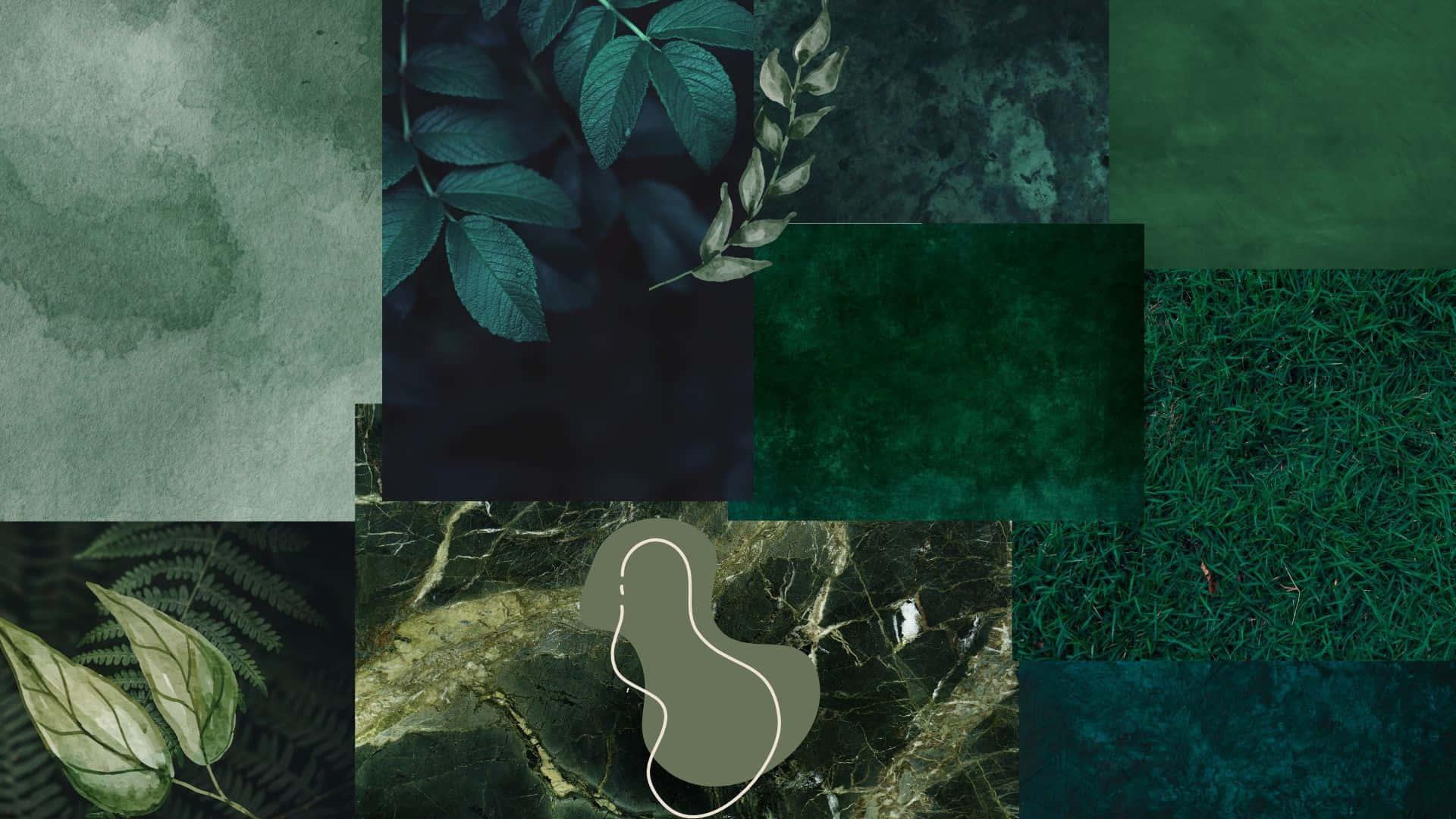 Green lock screen 壁紙 — 綠色紋理面板的拼貼畫，包含樹葉、草、大理石和抽象形狀，呈現翡翠、森林和青綠色的不同色調。