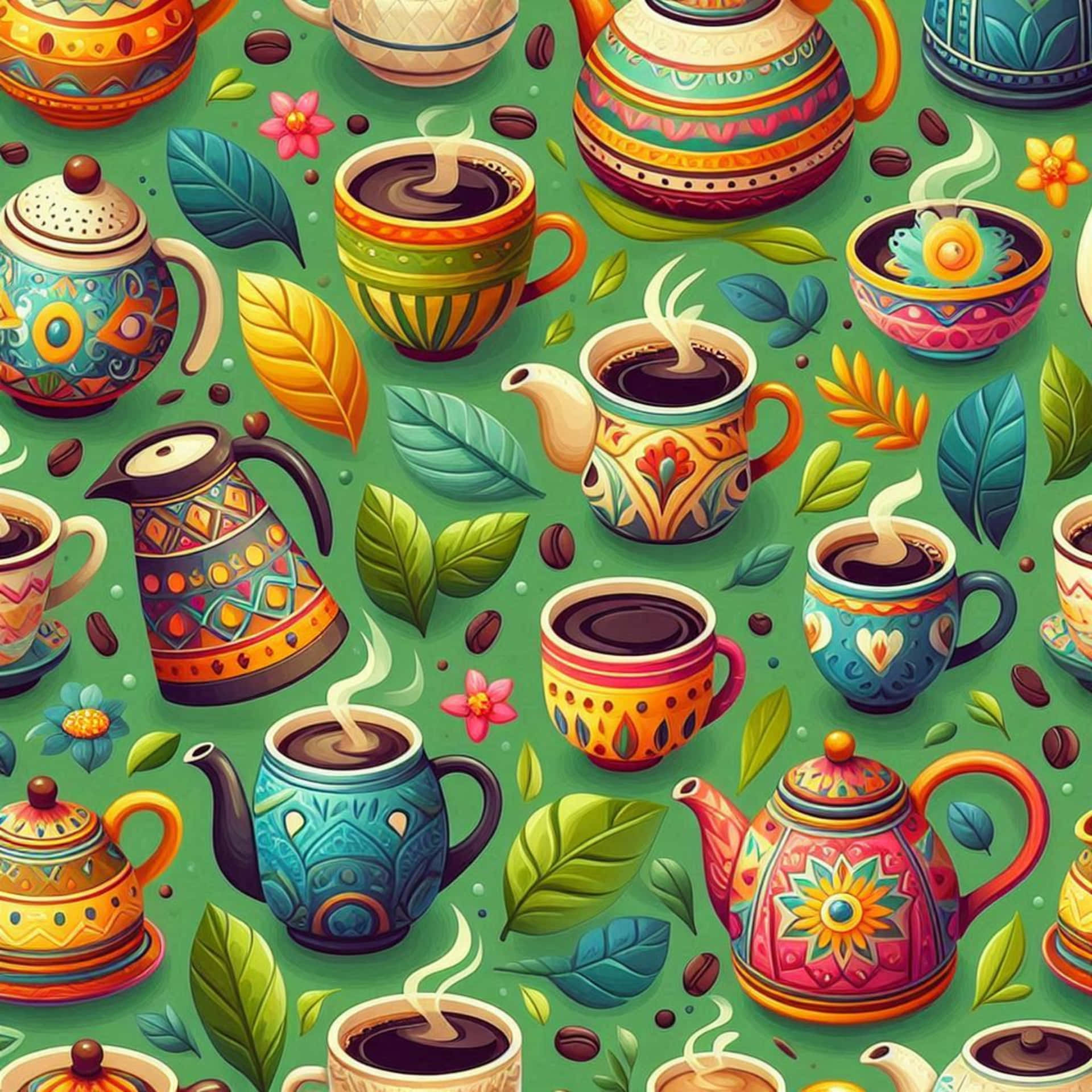 Seamless pattern with tea cups 壁紙 — 綠色背景上，帶有彩色幾何圖案的冒煙咖啡杯和茶壺的鮮豔圖案。