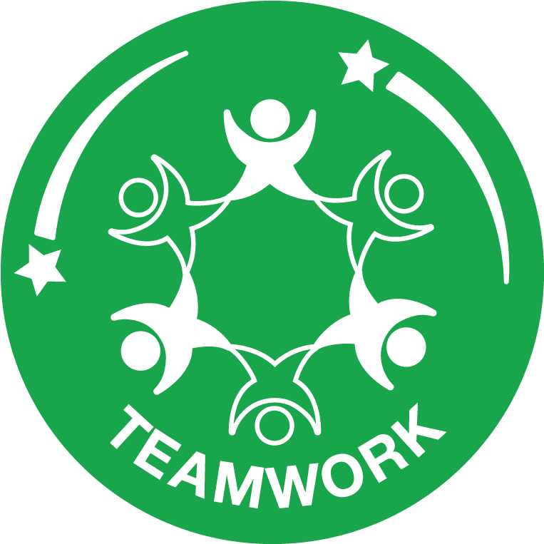 團隊合作 桌布 壁紙 — 綠色背景上帶有星星和「teamwork」字樣的白色風格化人物圓圈。