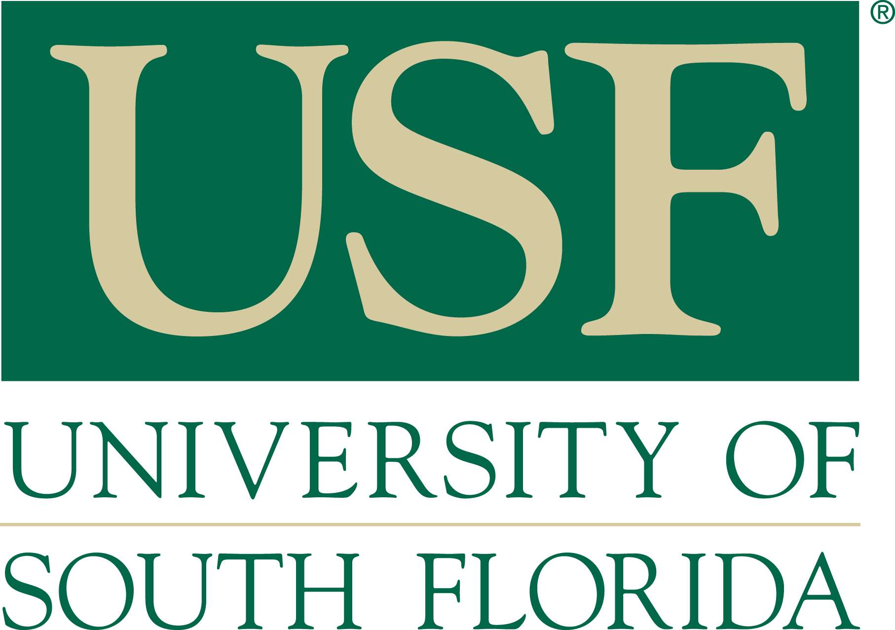學校 桌布 壁紙 — 綠色背景上粗體的米色USF字母，下方大學名稱以相配的綠色顯示。