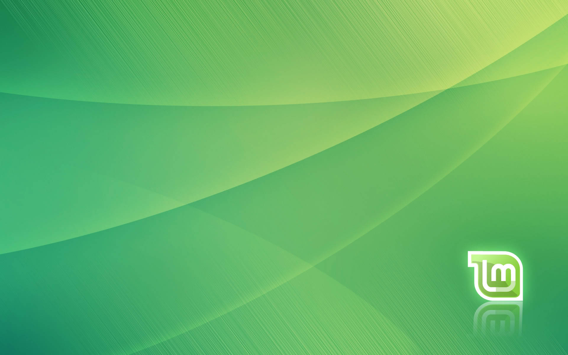 Linux 桌布 壁紙 — 綠色色調的平滑漸變，帶有流動的對角線和角落中發光的標誌。