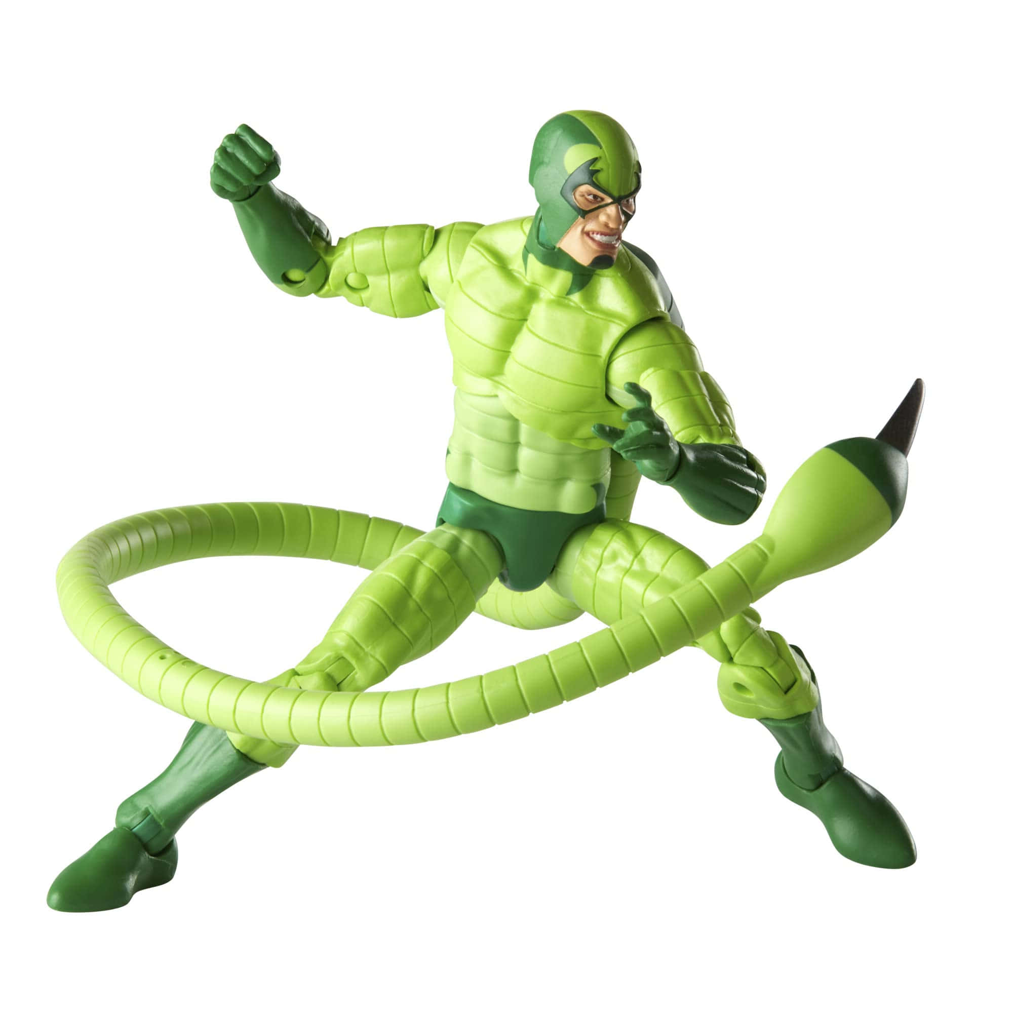 The Scorpion 桌布 壁紙 — 綠色蜘蛛人動作人偶以動態姿勢伸展蛛網發射器，背景為白色。