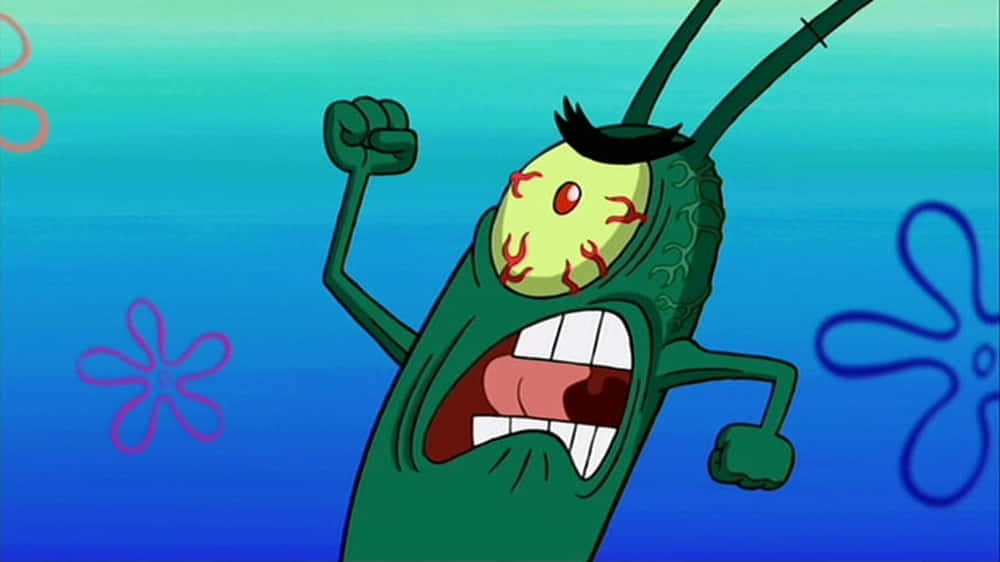 plankton 桌布 壁紙 — 綠色螃蟹章魚哥在藍色水下背景中，握緊拳頭憤怒地尖叫，背景有紫色花朵。