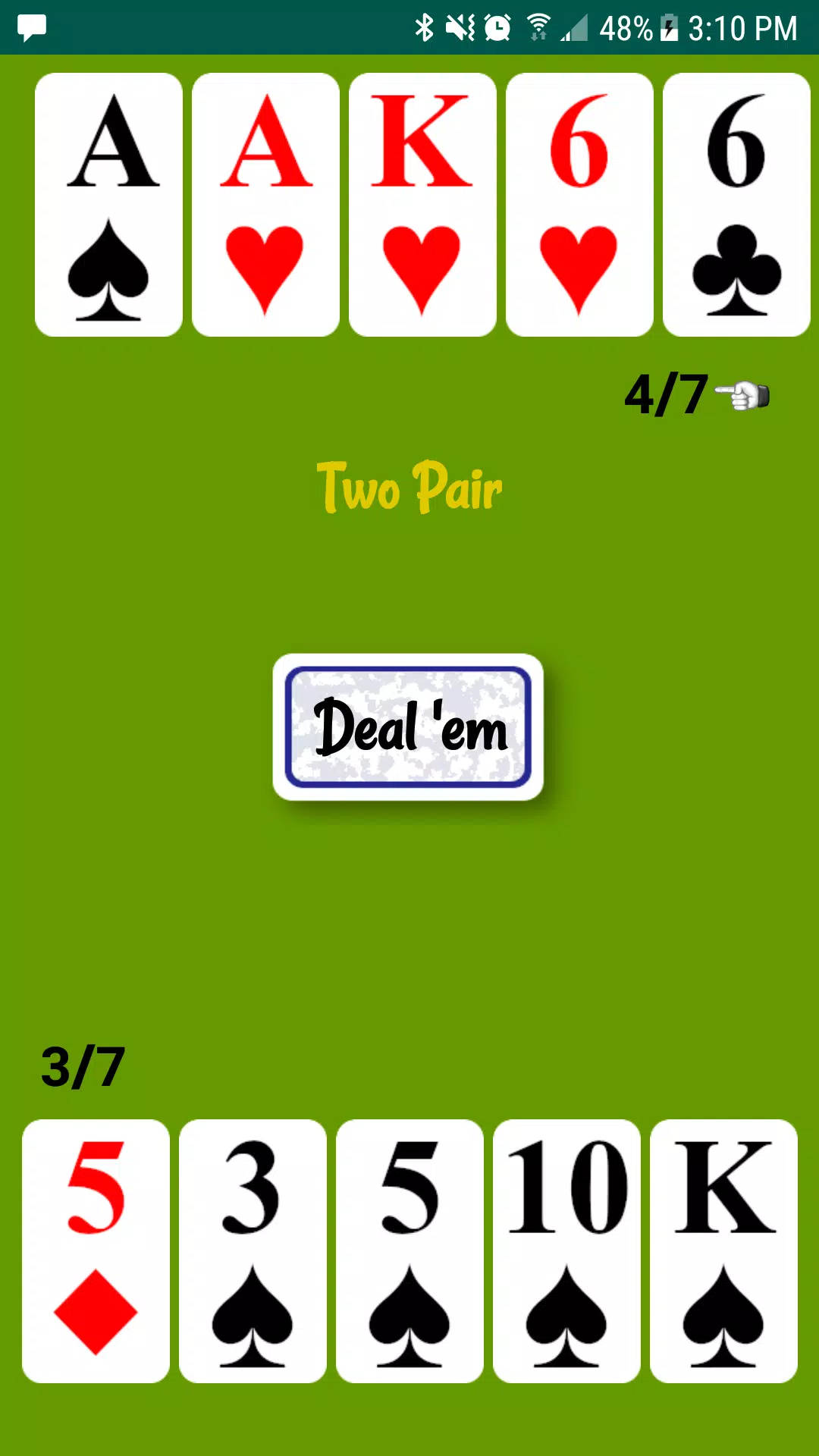 手機 桌布 壁紙 — 綠色螢幕的撲克牌遊戲，顯示兩對牌，附有「Deal 'em」按鈕和手牌計數。