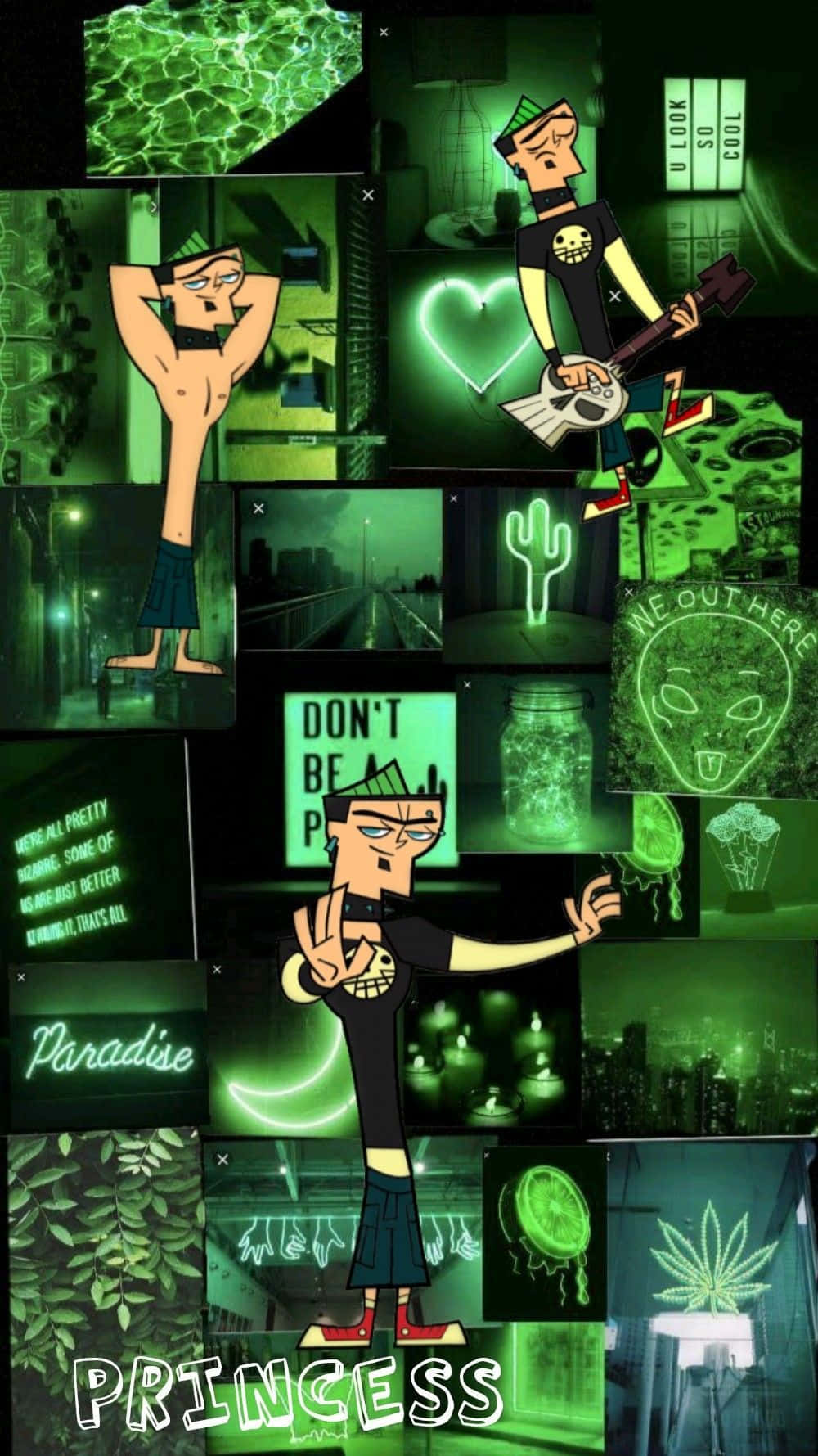 total drama 桌布 壁紙 — 綠色調的動畫場景拼貼，展示卡通角色以不同姿勢出現，搭配霓虹燈牌和外星人圖案。