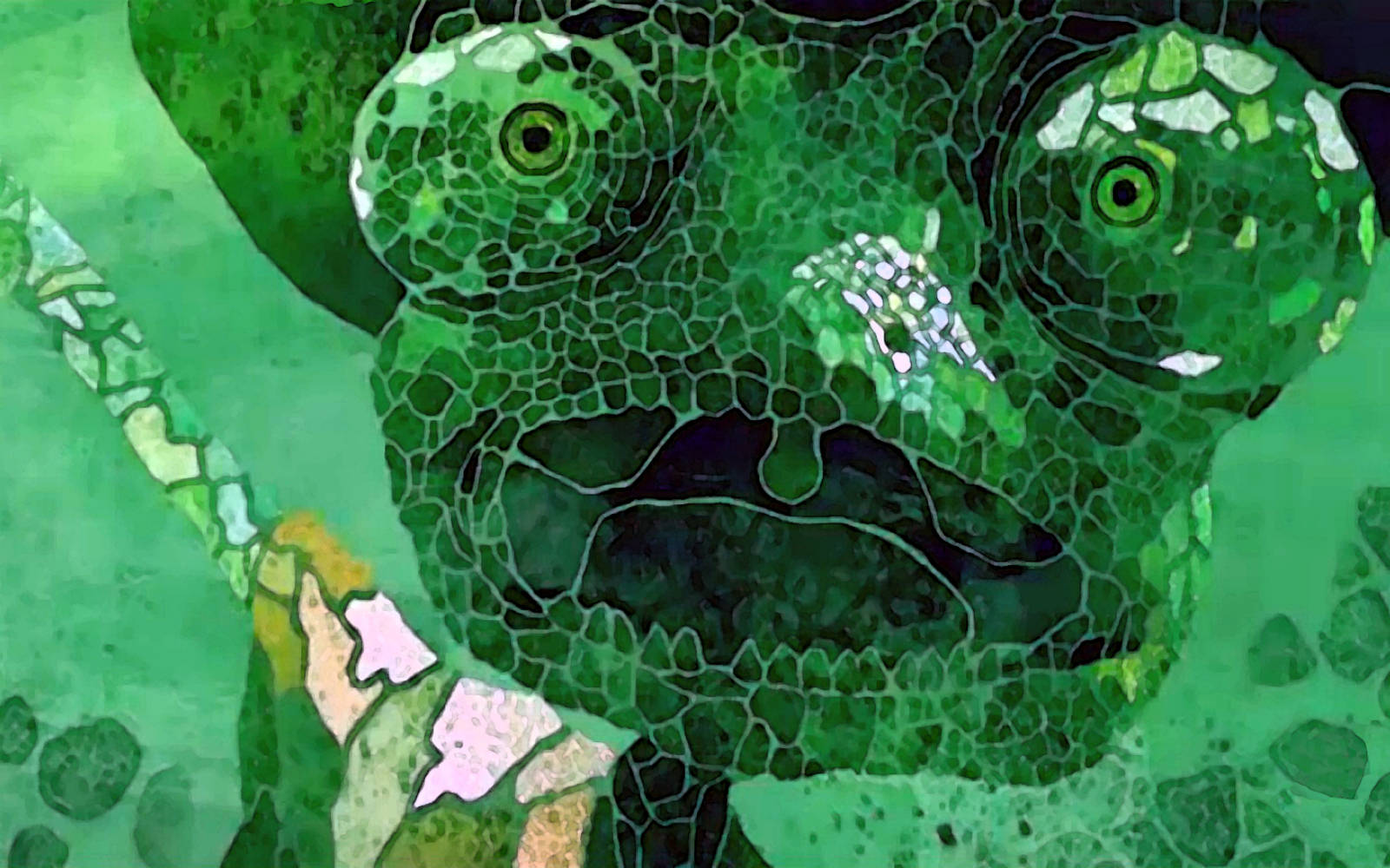 Cartoon 桌布 壁紙 — 綠色變色龍的特寫馬賽克風格插圖，具有詳細的眼睛紋理和樹葉背景。