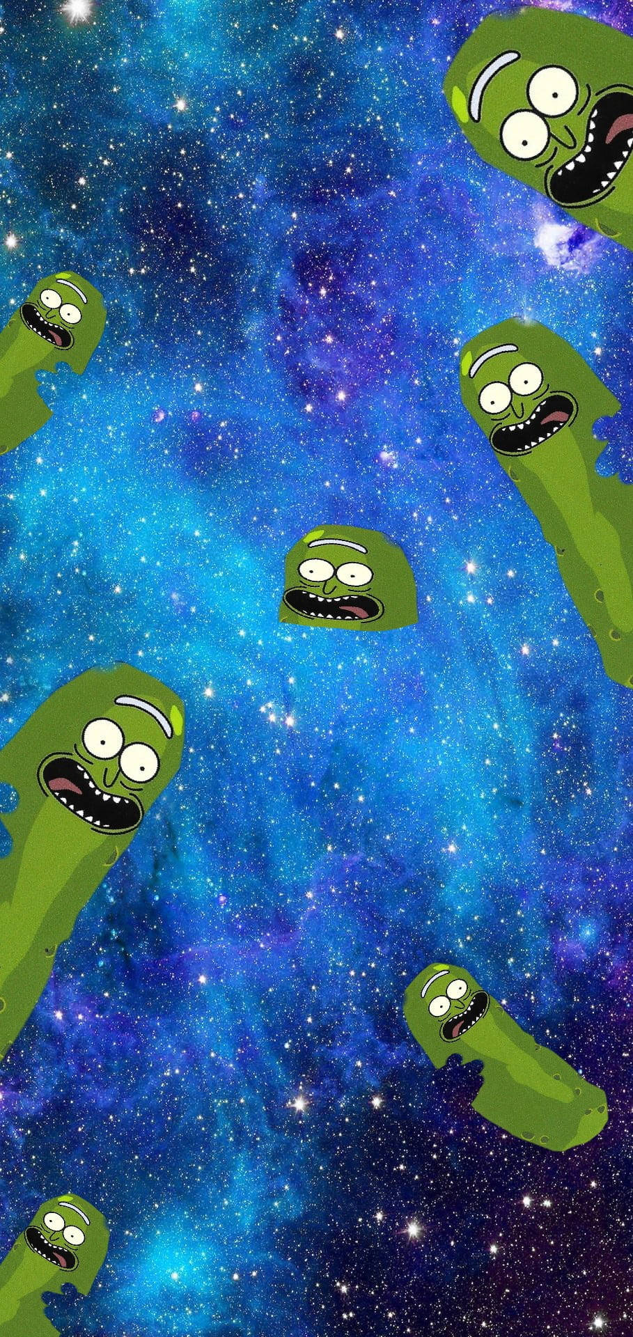 瑞克和莫蒂 桌布 壁紙 — 綠色醃黃瓜頭角色在充滿星星的充滿活力的宇宙星雲中快樂地漂浮。