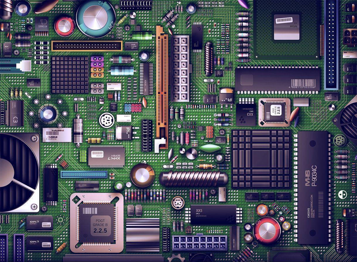 Motherboard 桌布 壁紙 — 綠色電腦主機板的詳細俯視圖，充滿了複雜的電子元件和電路。