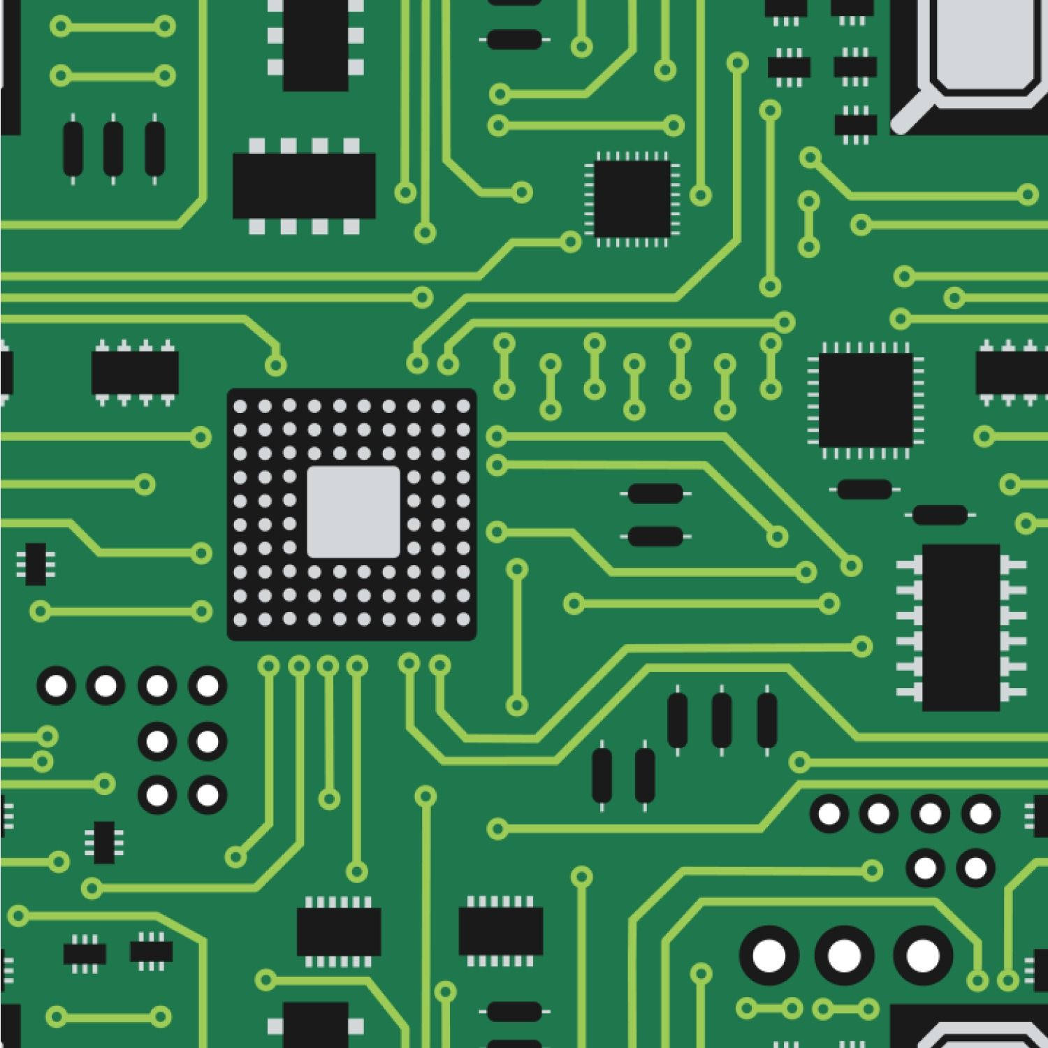 Circuit 桌布 壁紙 — 綠色電路板的特寫視圖，帶有複雜的黃色路徑和黑色電子元件。