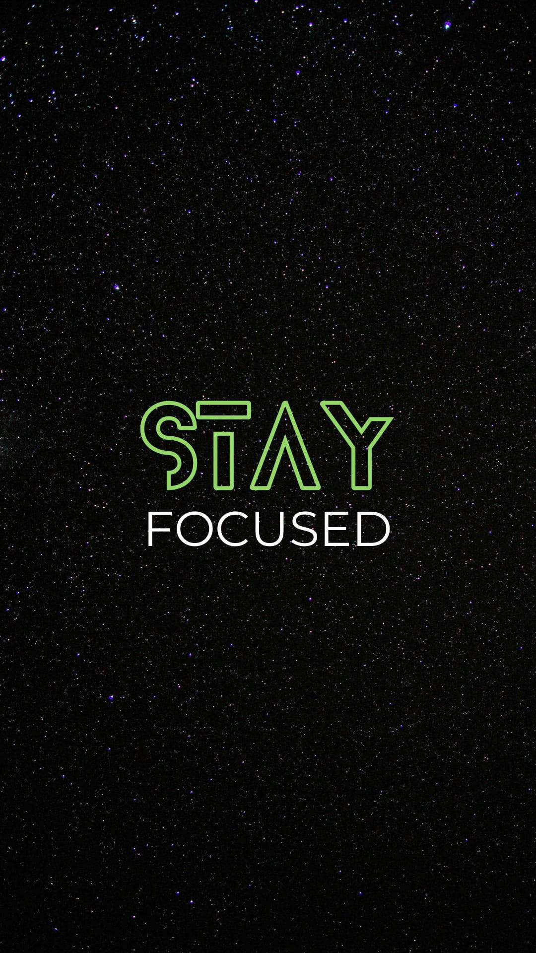 Black 桌布 壁紙 — 綠色霓虹燈文字 'STAY FOCUSED' 在星空夜空背景下發光。