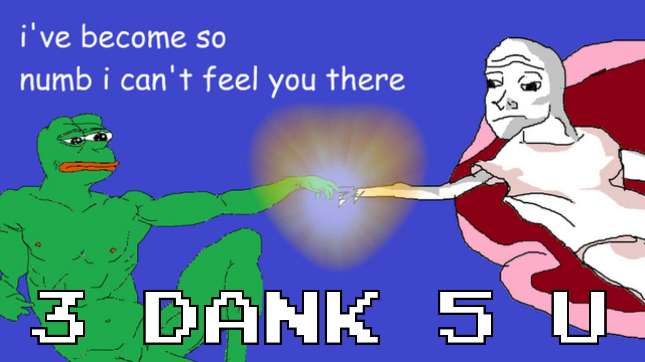 Memes 桌布 壁紙 — 綠色青蛙和鬼魂般的身影在藍色背景上有文字的情況下，伸出發光的手互相觸碰。