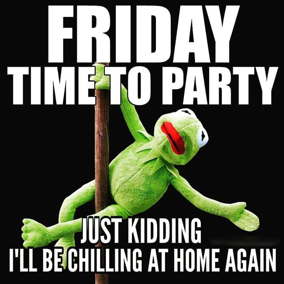 Friday Funny 桌布 壁紙 — 綠色青蛙木偶Kermit the Frog掛在桿上，粗體白色文字宣佈星期五派對計劃被拒絕。