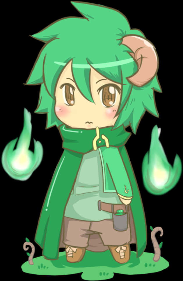 Anime Chibi 桌布 壁紙 — 綠色頭髮和角的Q版動漫角色站在一片草地上，旁邊漂浮著發光的綠色火焰。