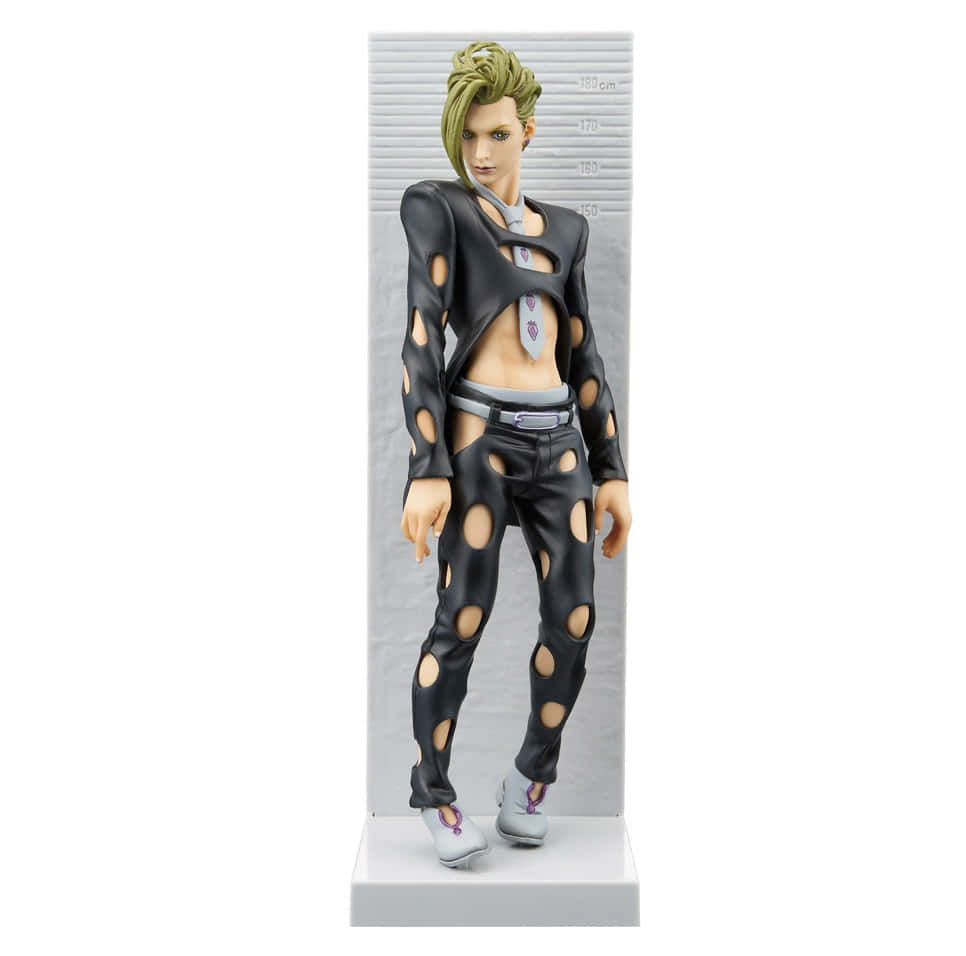 Pannacotta Fugo 桌布 壁紙 — 綠色頭髮角色穿著黑色破爛服裝的動漫人偶，站在灰色身高圖背景前。