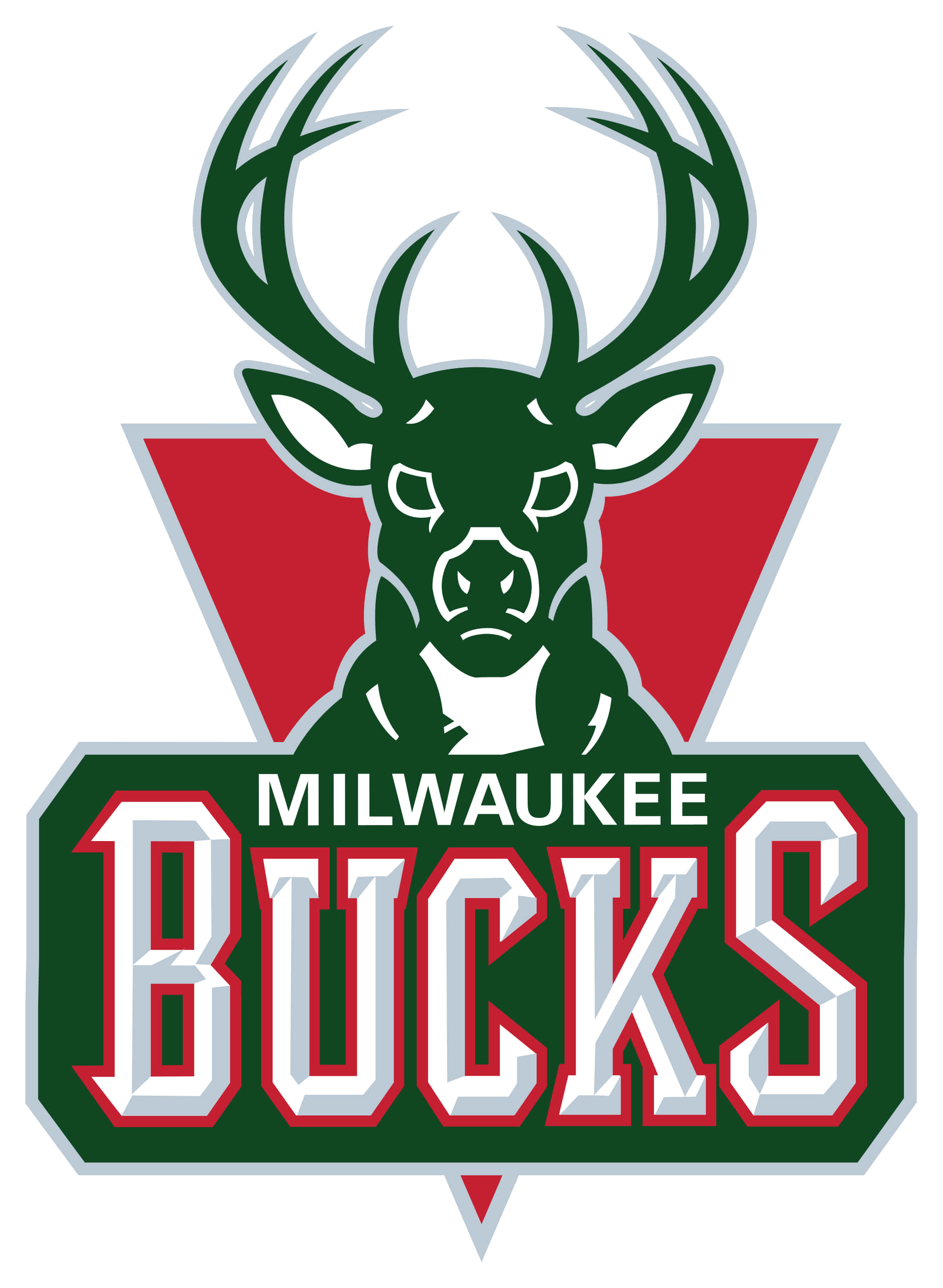 Milwaukee Bucks Logo 桌布 壁紙 — 綠色鹿頭標誌，帶有紅色三角形和粗體白色文字 Milwaukee Bucks。