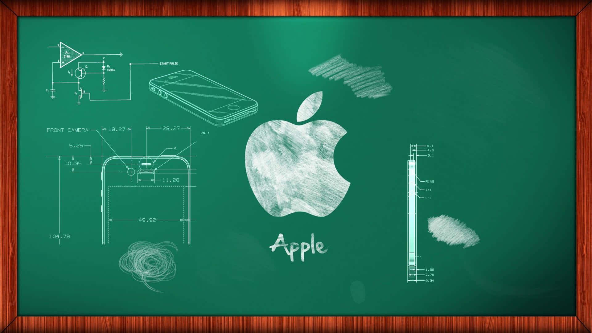 Blackboard 桌布 壁紙 — 綠色黑板，上面有白色粉筆繪畫的Apple標誌電話原理圖和尺寸，木框鑲嵌。