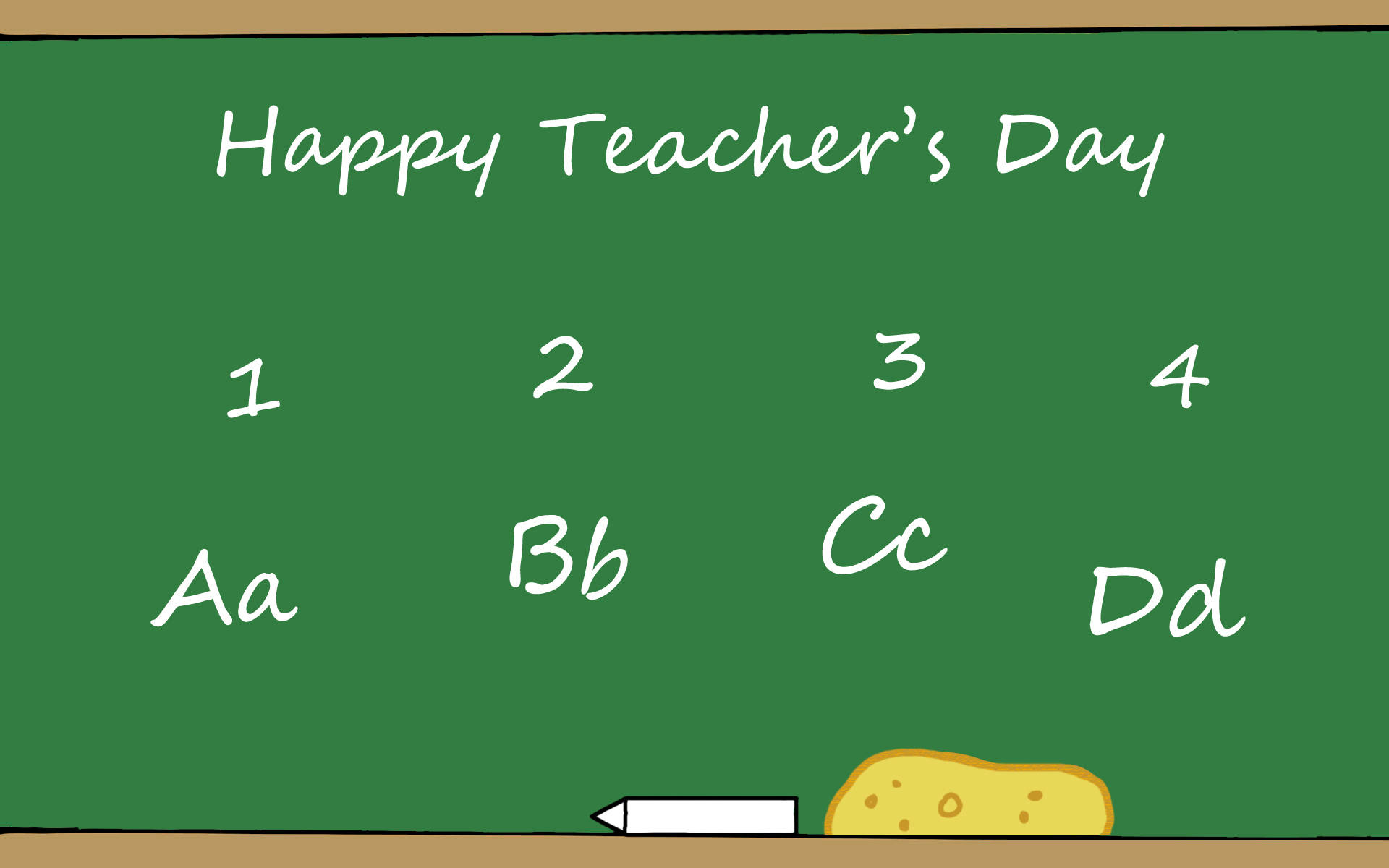 字母動畫 桌布 壁紙 — 綠色黑板顯示「Happy Teacher's Day」，配有數字和字母對，下方有粉筆和板擦。