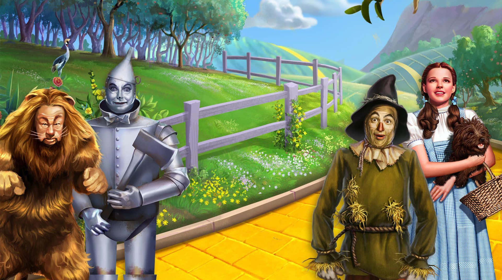 wizard of oz 桌布 壁紙 — 《綠野仙蹤》中的四個標誌性角色一起走在黃磚路上，穿過充滿活力的綠色鄉村。