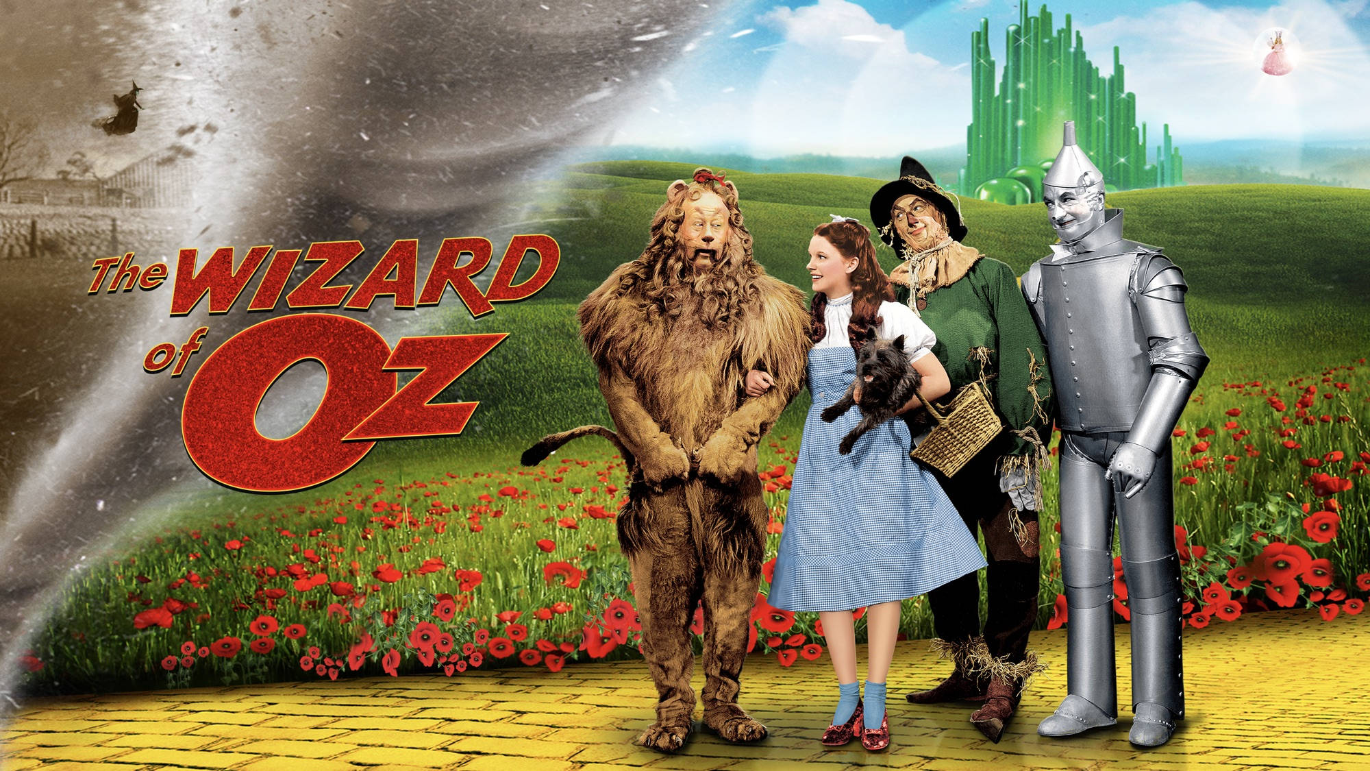 wizard 桌布 壁紙 — 《綠野仙蹤》中的四個標誌性角色站在黃磚路上，周圍是紅色罌粟花和綠色田野，遠處是翡翠城。