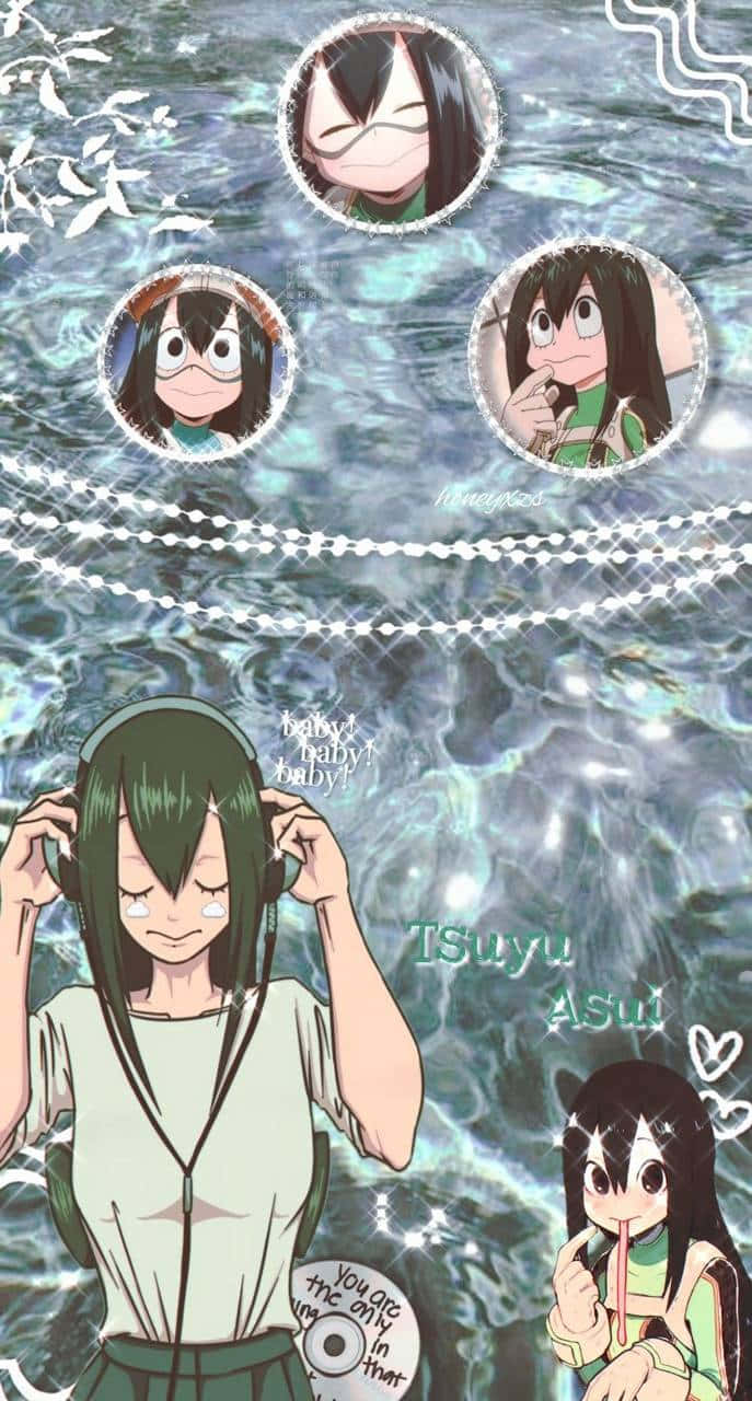 Froppy 桌布 壁紙 — 綠髮動漫女孩在閃爍的水背景中調整耳機，並有漂浮的角色肖像。