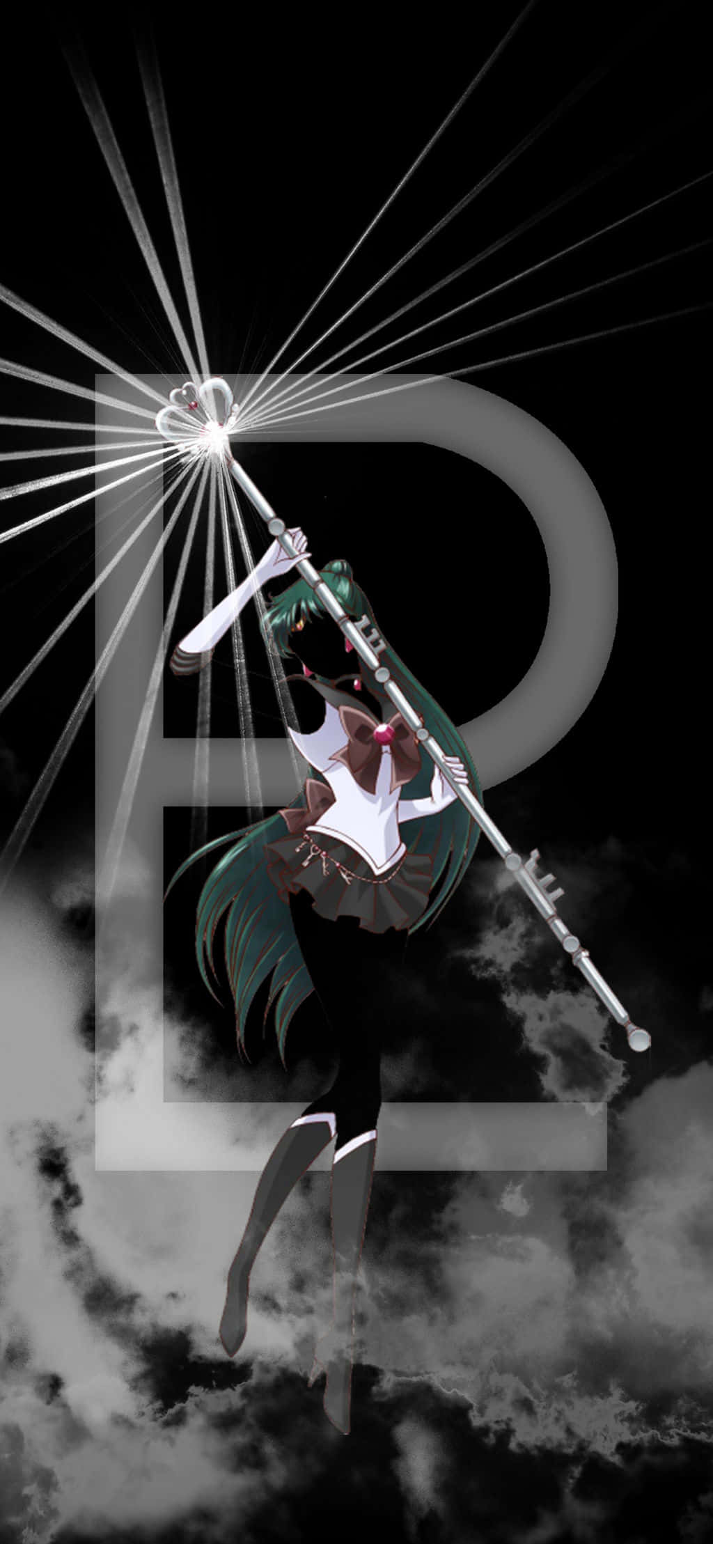Sailor Pluto 桌布 壁紙 — 綠髮動漫女孩在黑色天空的烏雲中揮舞發光法杖。