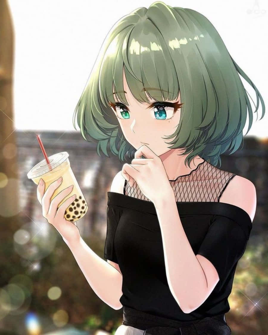 綠髮女孩飲用波霸奶茶 — 動漫頭像 壁紙