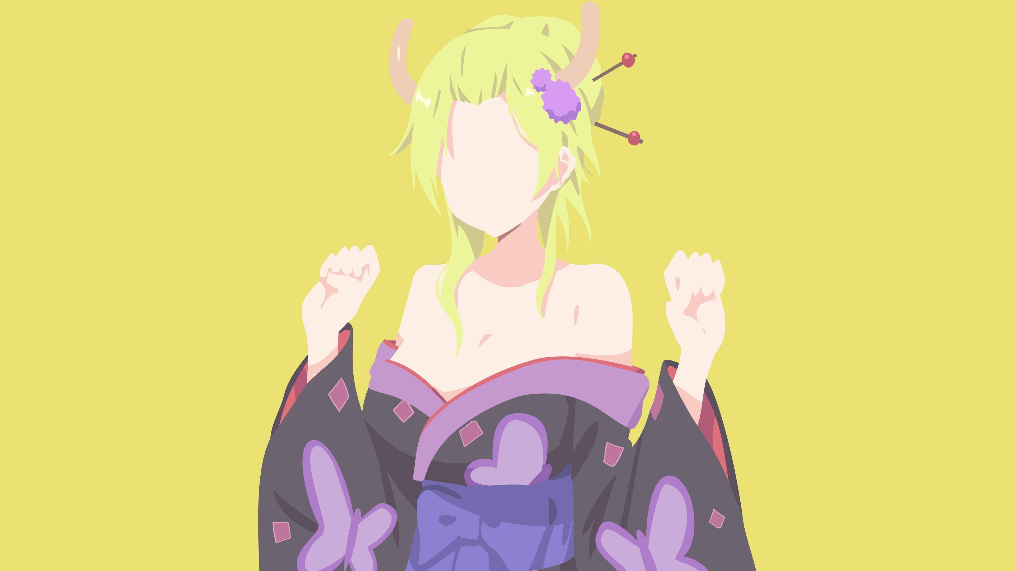 Lucoa 桌布 壁紙 — 綠髮有角的動漫女孩在黃色背景前穿著紫色和服。