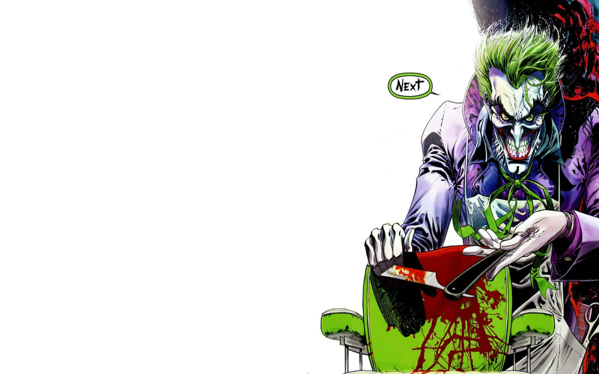 Batman Comics 桌布 壁紙 — 綠髮紫西裝的小丑手持血淋淋的刀，放在綠色椅子上方，對話框寫著「下一個」。