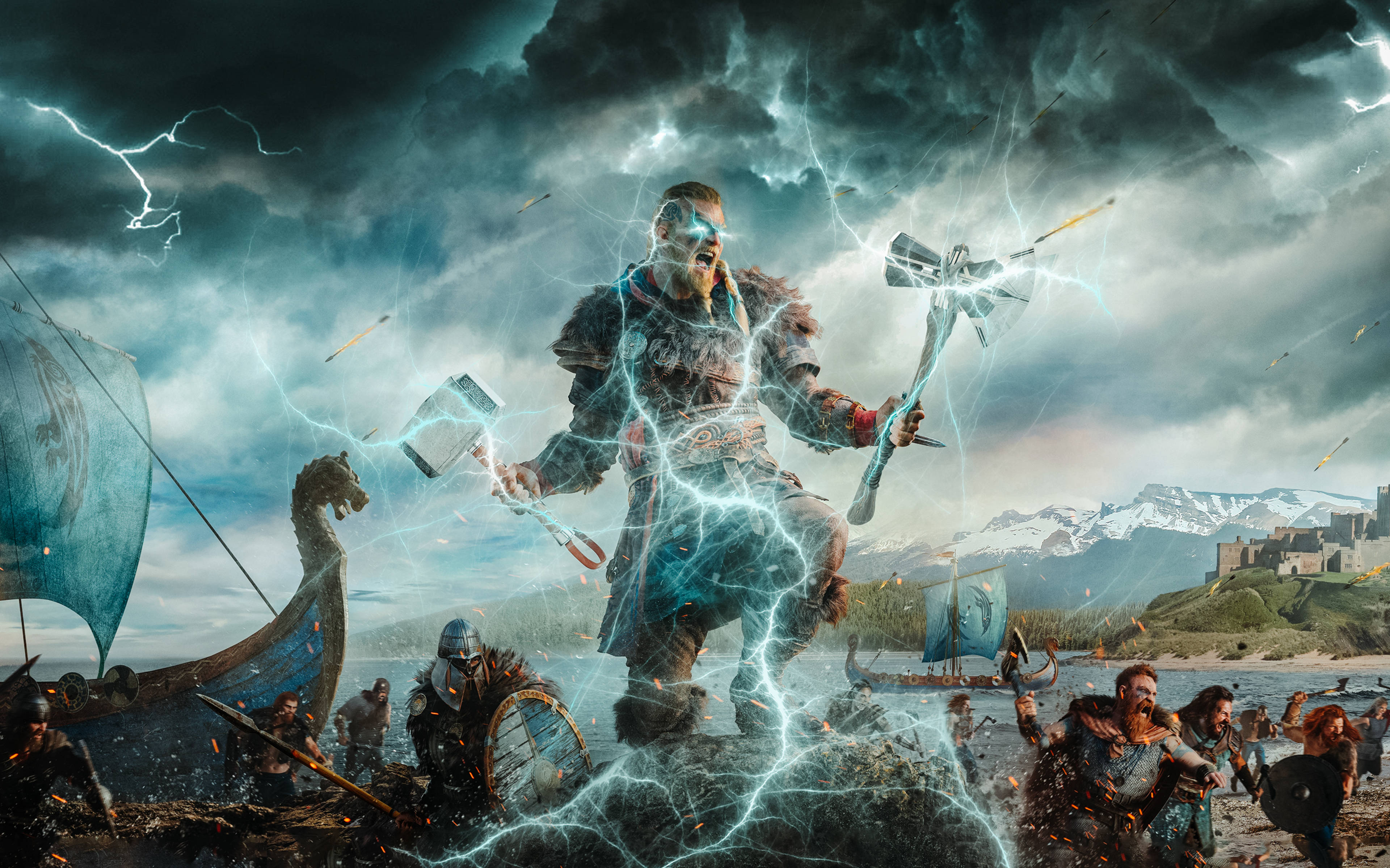 Valhalla 桌布 壁紙 — 維京戰士從他的錘子中引導閃電，他的船員在暴風雨的海灘上戰鬥，背景是白雪覆蓋的山脈。